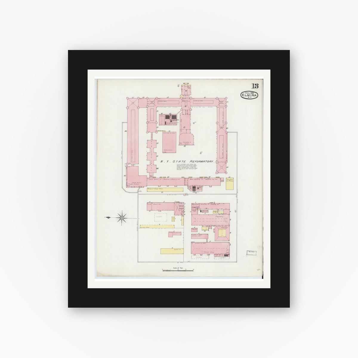 Old map wall art mockup — black gallery frame with white mat — Sanborn Fire Insurance Map from Elmira, Chemung County, New York (1892), Sheet #0013