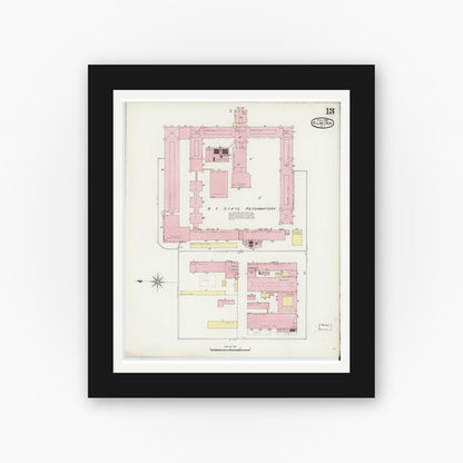 Old map wall art mockup — black gallery frame with white mat — Sanborn Fire Insurance Map from Elmira, Chemung County, New York (1892), Sheet #0013