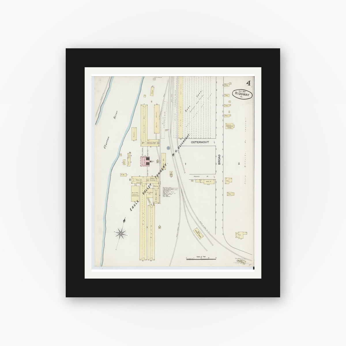 Old map wall art mockup — black gallery frame with white mat — Sanborn Fire Insurance Map from Ridgway, Elk County, Pennsylvania (1887), Sheet #0004