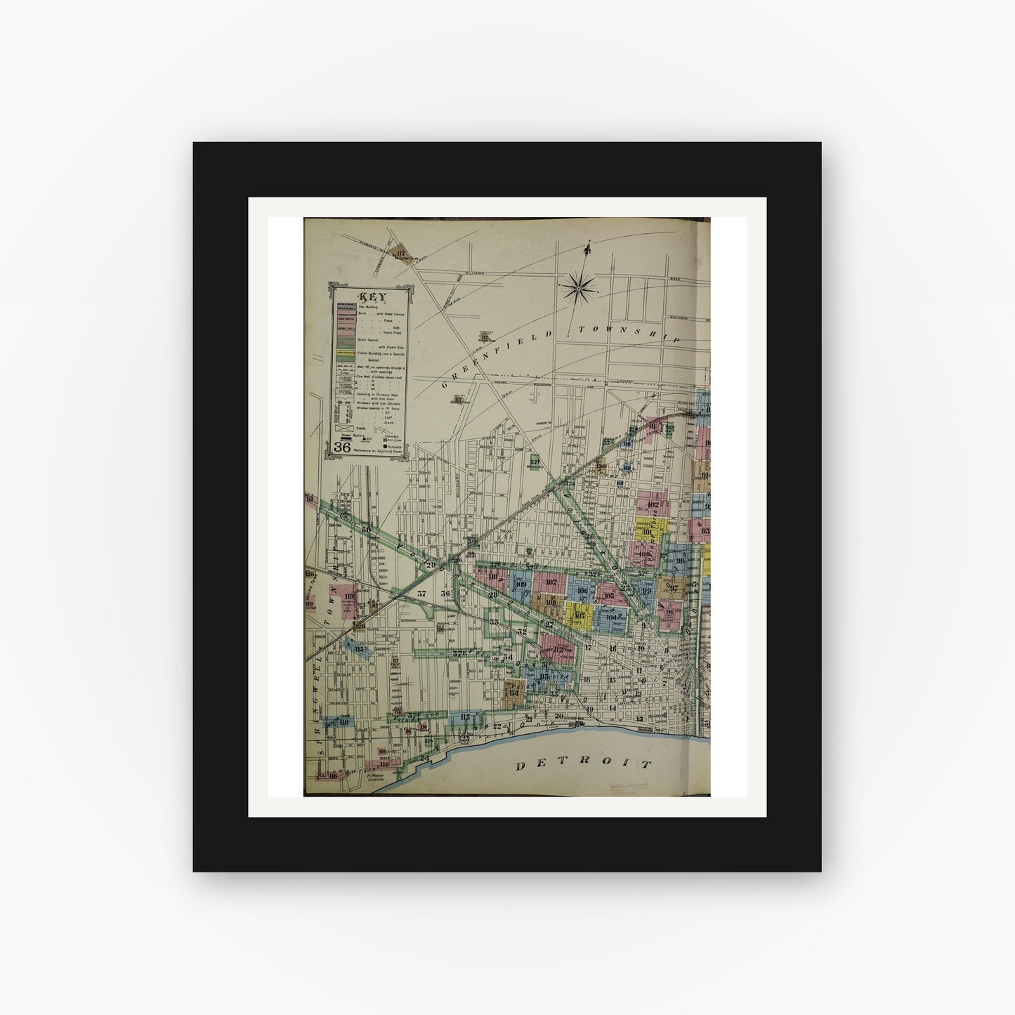 Old map wall art mockup — black gallery frame with white mat — Sanborn Fire Insurance Map from Detroit, Wayne County, Michigan (1889), Sheet #0001