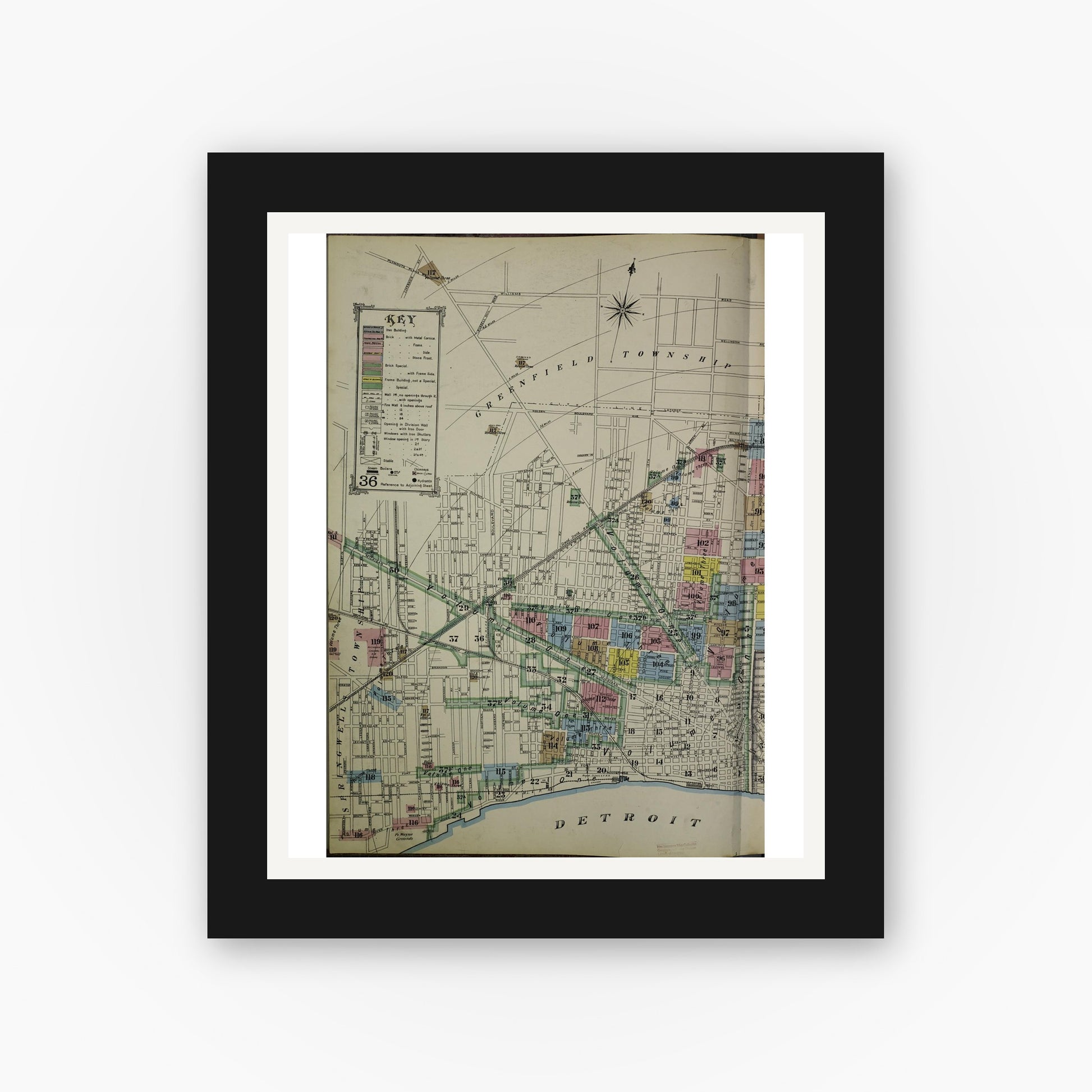 Old map wall art mockup — black gallery frame with white mat — Sanborn Fire Insurance Map from Detroit, Wayne County, Michigan (1889), Sheet #0001