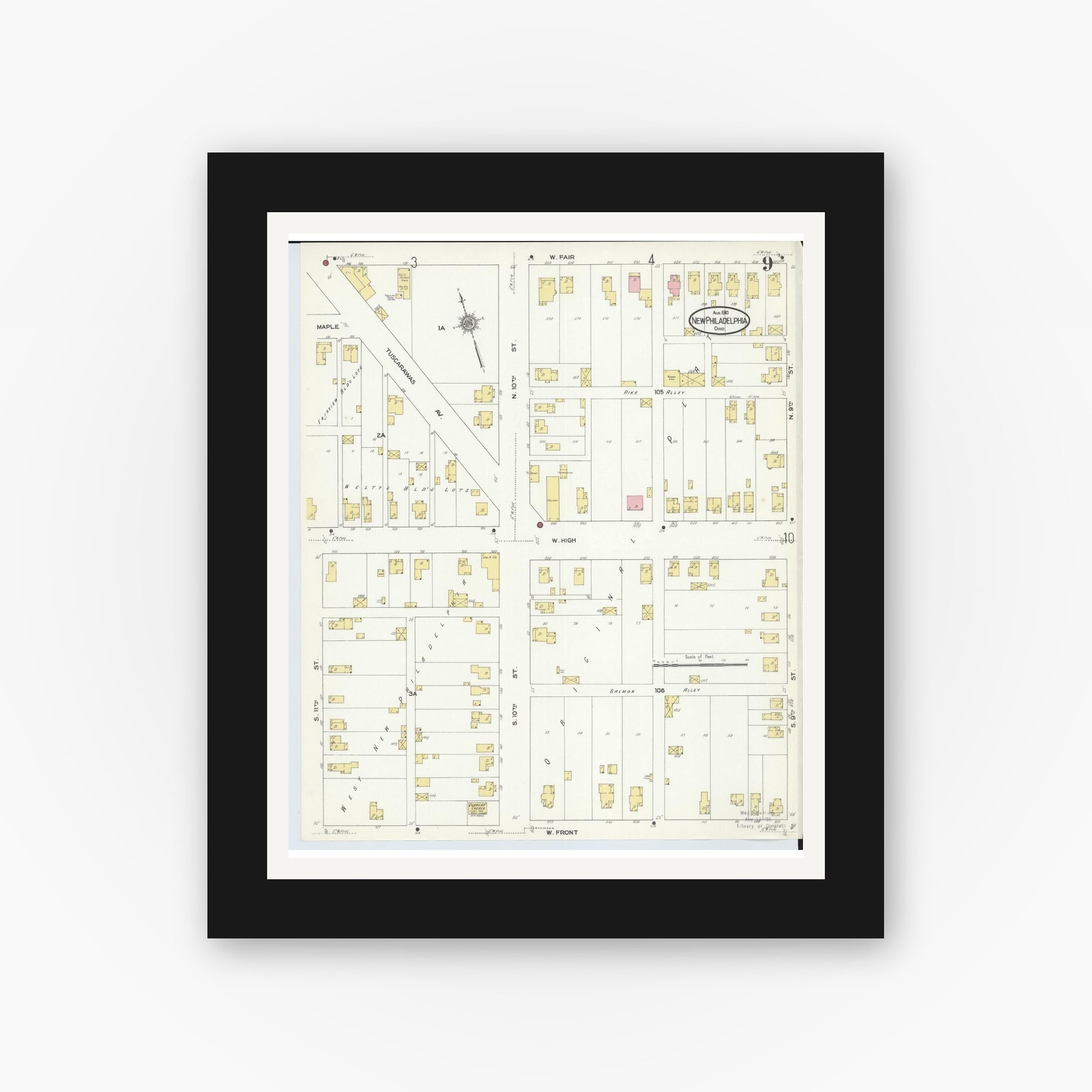 Old map wall art mockup — black gallery frame with white mat — Sanborn Fire Insurance Map from New Philadelphia, Tuscarawas County, Ohio (1910), Sheet #0009