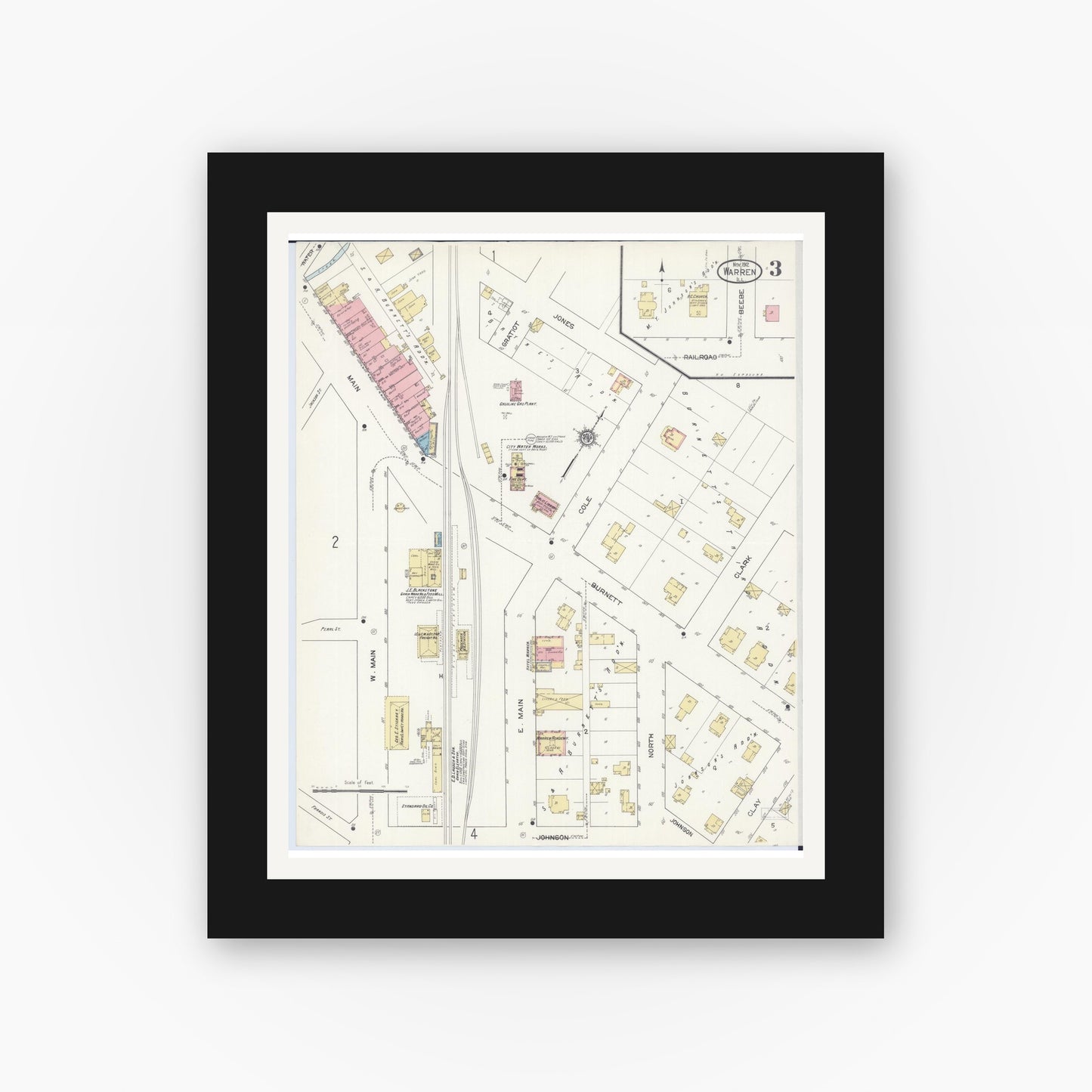 Old map wall art mockup — black gallery frame with white mat — Sanborn Fire Insurance Map from Warren, Jo Daviess County, Illinois (1912), Sheet #0003