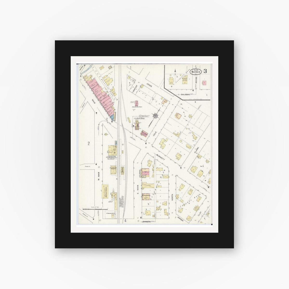Old map wall art mockup — black gallery frame with white mat — Sanborn Fire Insurance Map from Warren, Jo Daviess County, Illinois (1912), Sheet #0003
