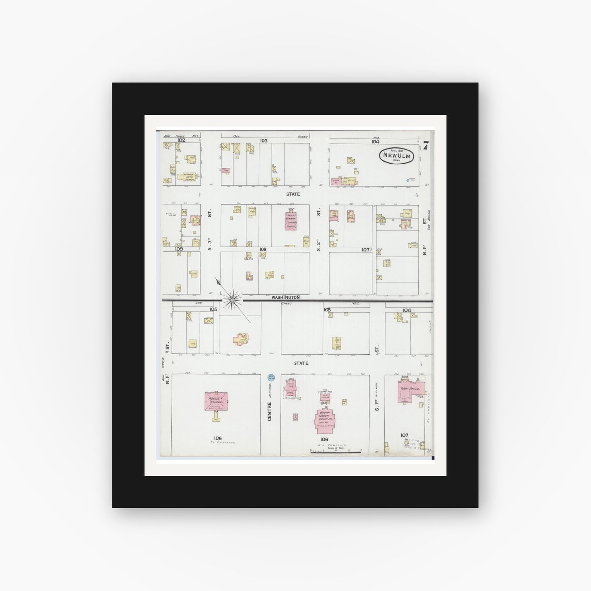 Old map wall art mockup — black gallery frame with white mat — Sanborn Fire Insurance Map from New Ulm, Brown County, Minnesota (1889), Sheet #0007