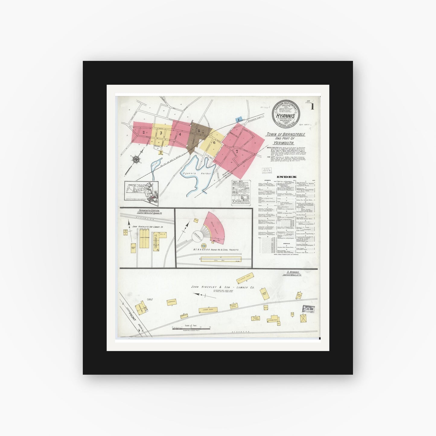 Old map wall art mockup — black gallery frame with white mat — Sanborn Fire Insurance Map from Hyannis, Barnstable County, Massachusetts (1919), Sheet #0001