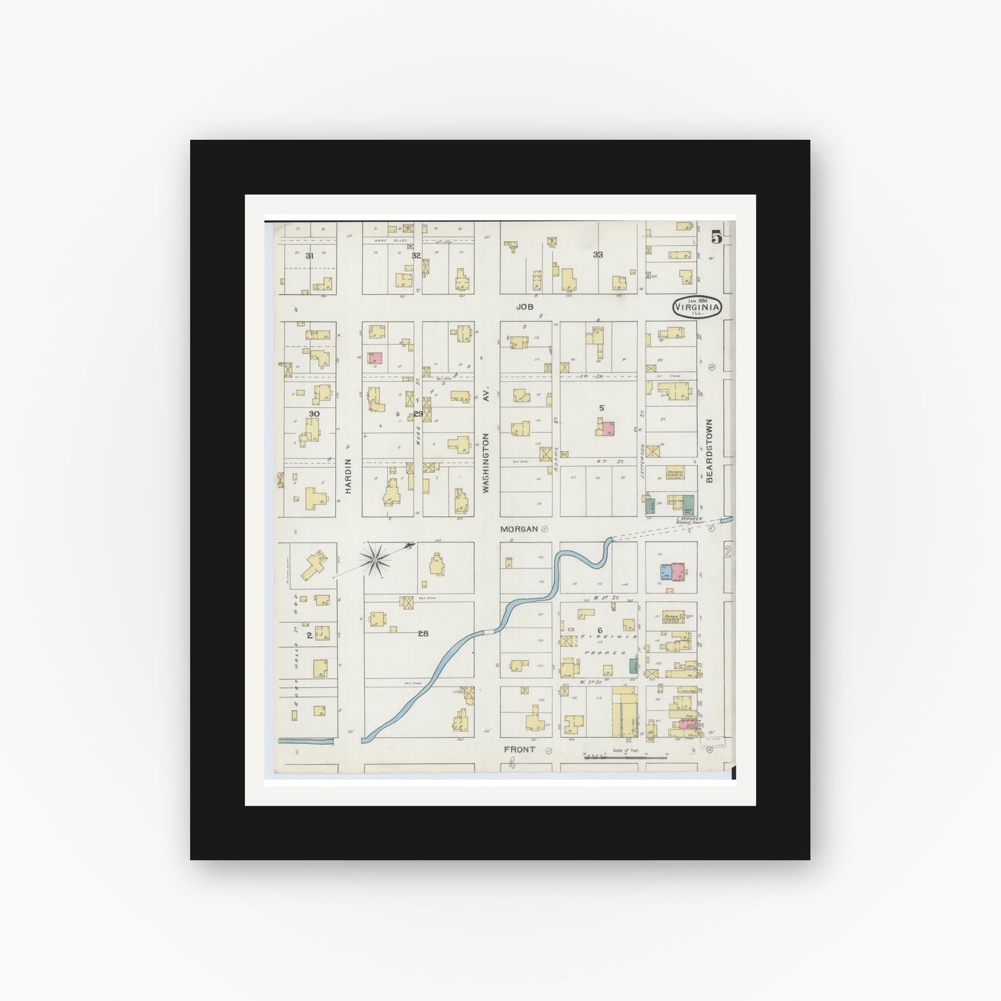Old map wall art mockup — black gallery frame with white mat — Sanborn Fire Insurance Map from Virginia, Cass County, Illinois (1894), Sheet #0005