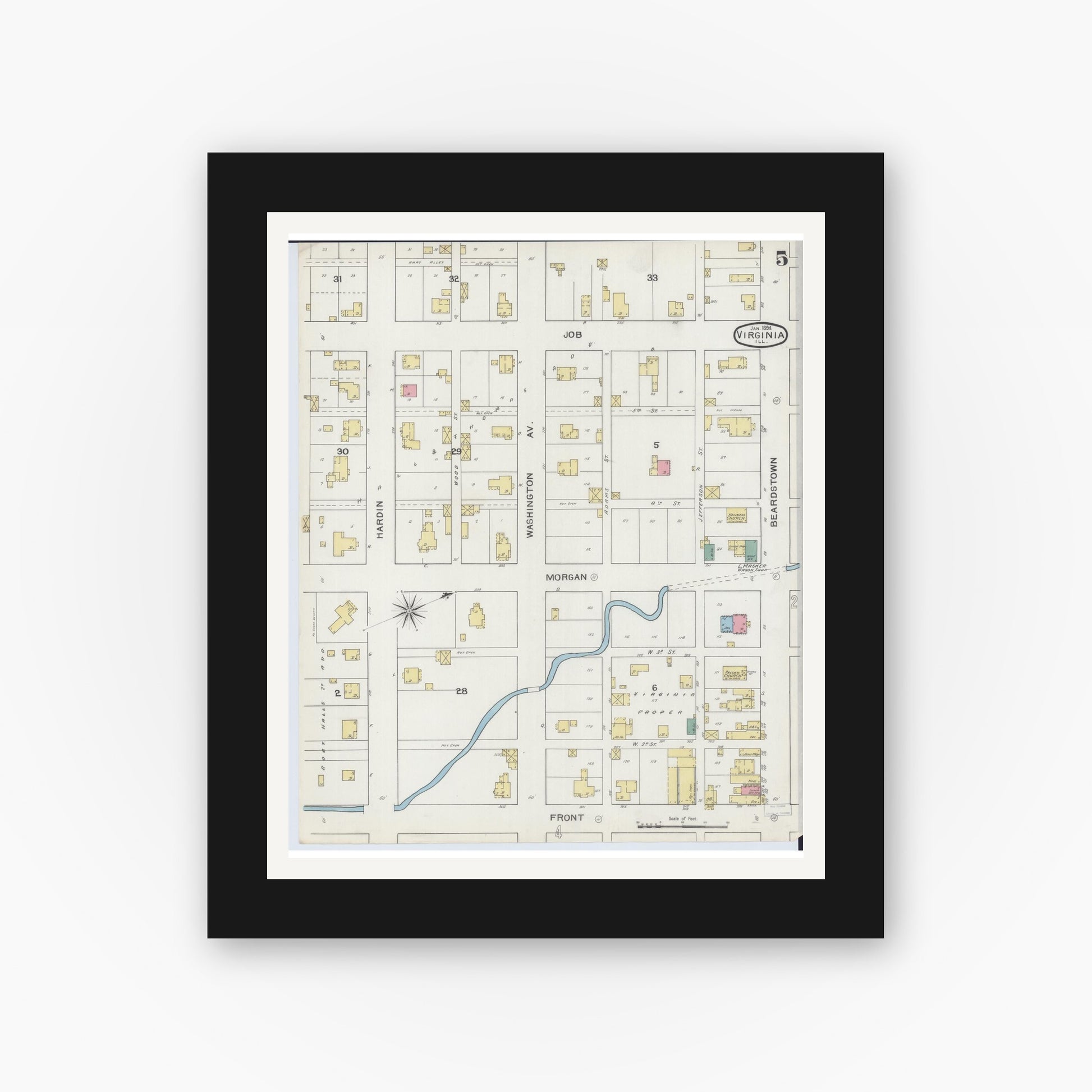 Old map wall art mockup — black gallery frame with white mat — Sanborn Fire Insurance Map from Virginia, Cass County, Illinois (1894), Sheet #0005