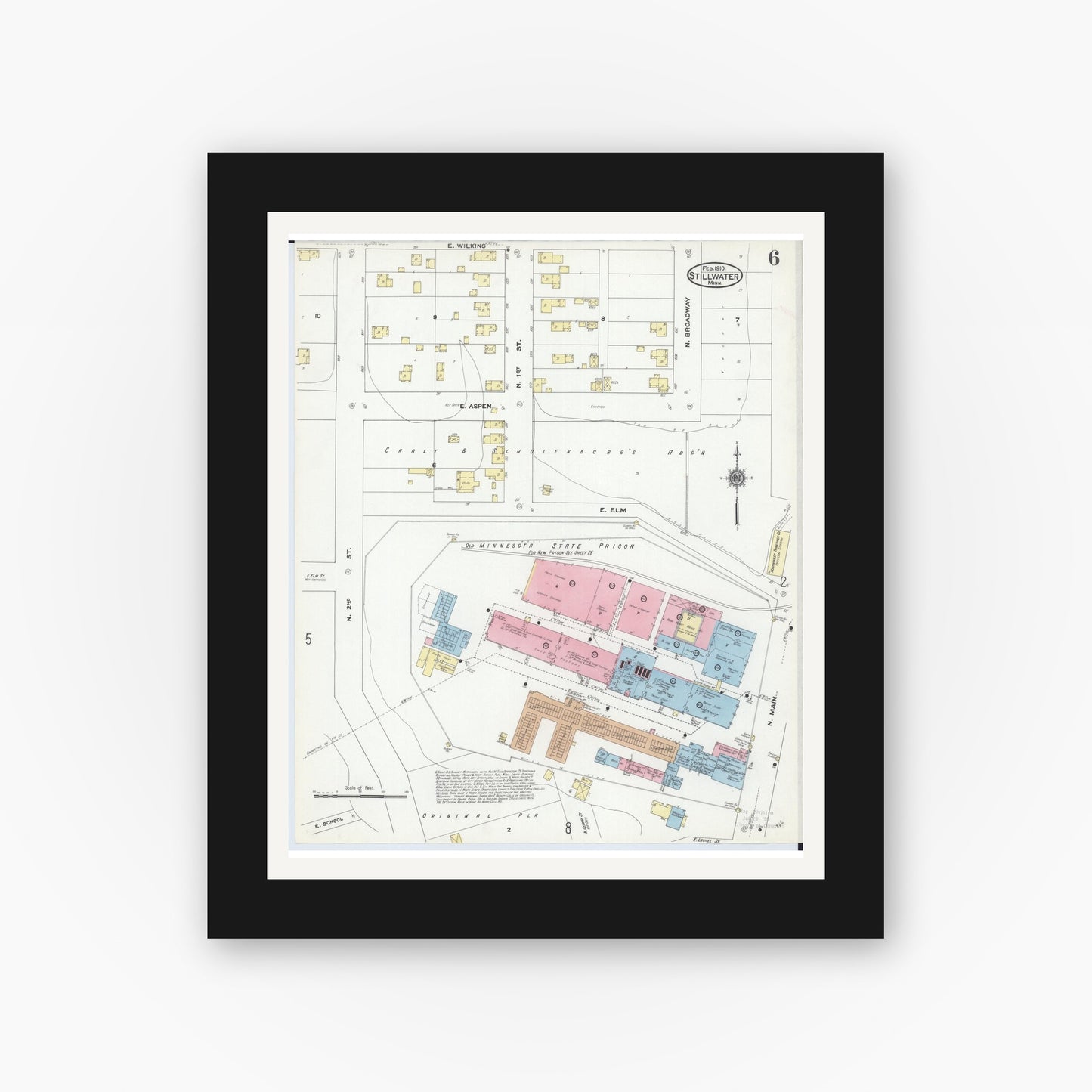 Old map wall art mockup — black gallery frame with white mat — Sanborn Fire Insurance Map from Stillwater, Washington County, Minnesota (1910), Sheet #0006