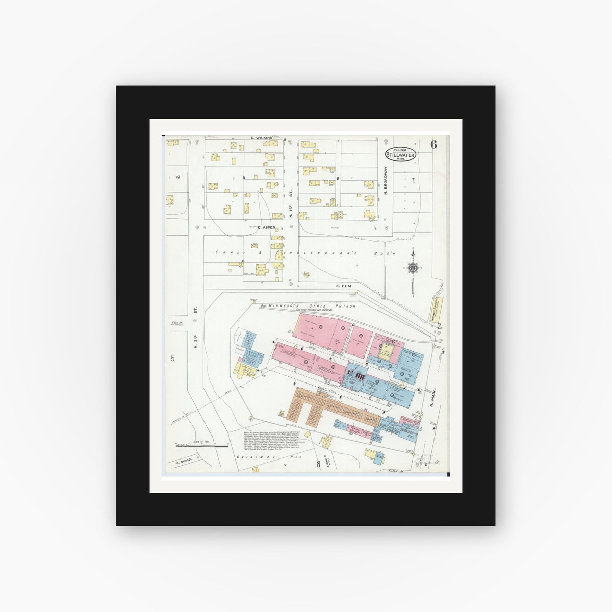 Old map wall art mockup — black gallery frame with white mat — Sanborn Fire Insurance Map from Stillwater, Washington County, Minnesota (1910), Sheet #0006
