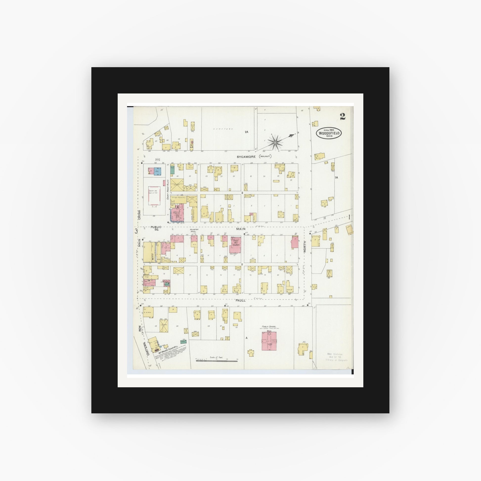 Old map wall art mockup — black gallery frame with white mat — Sanborn Fire Insurance Map from Woodsfield, Monroe County, Ohio (1905), Sheet #0002