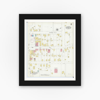 Old map wall art mockup — black gallery frame with white mat — Sanborn Fire Insurance Map from Woodsfield, Monroe County, Ohio (1905), Sheet #0002