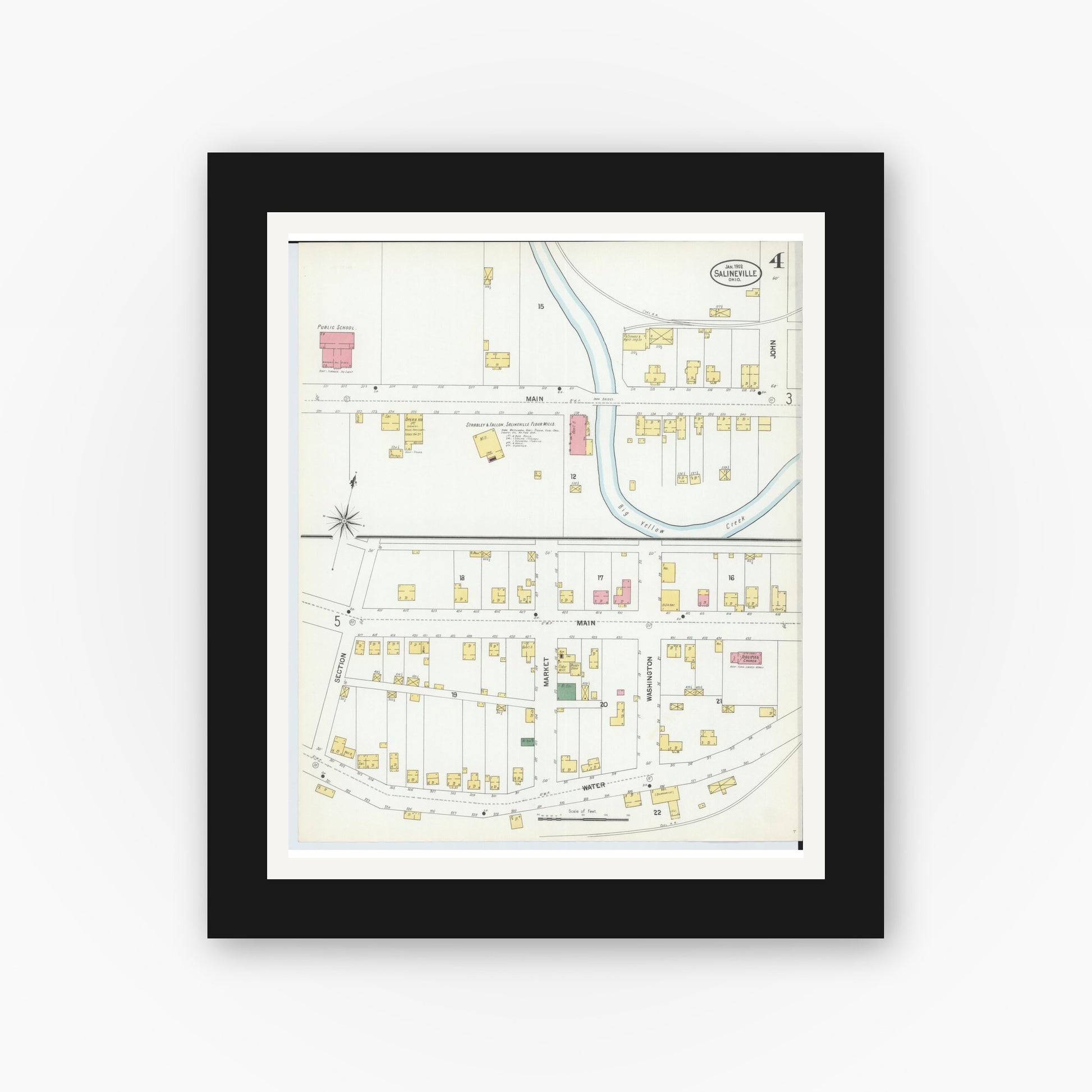 Old map wall art mockup — black gallery frame with white mat — Sanborn Fire Insurance Map from Salineville, Columbiana County, Ohio (1902), Sheet #0004