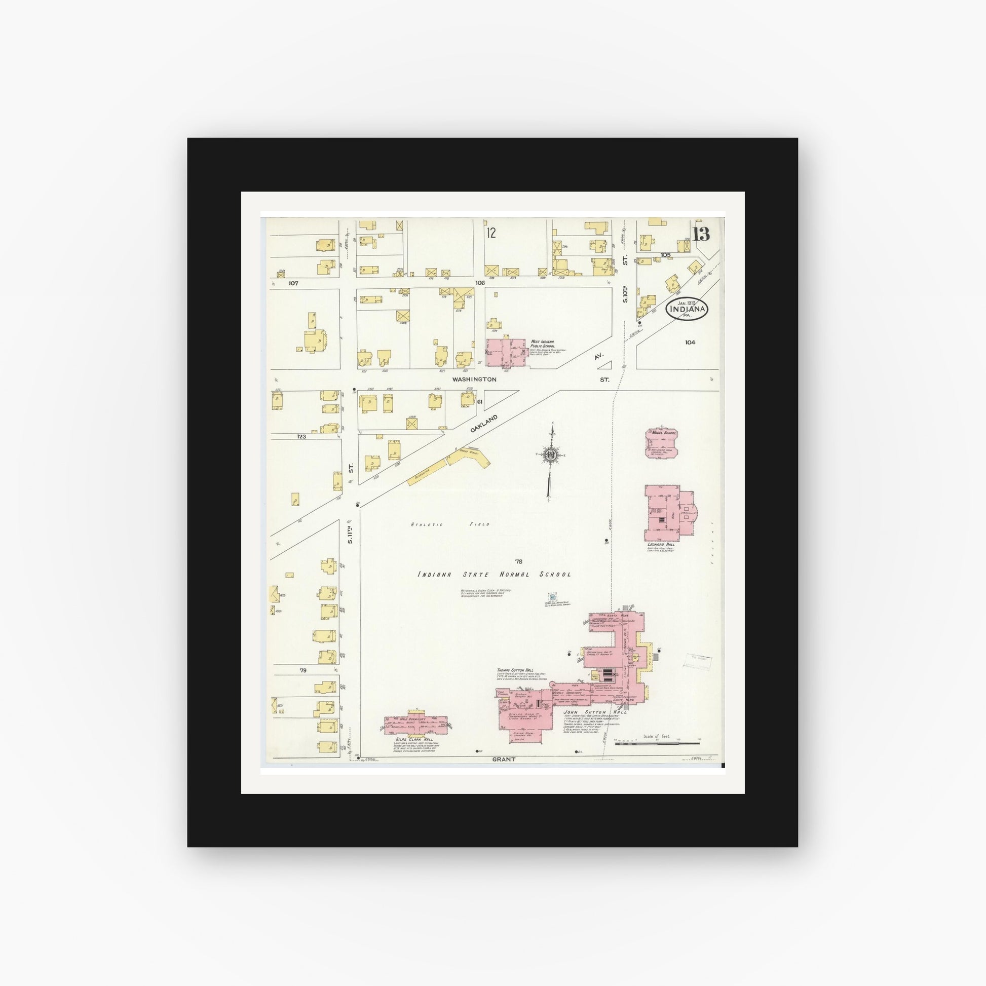 Old map wall art mockup — black gallery frame with white mat — Sanborn Fire Insurance Map from Indiana, Indiana County, Pennsylvania (1910), Sheet #0013