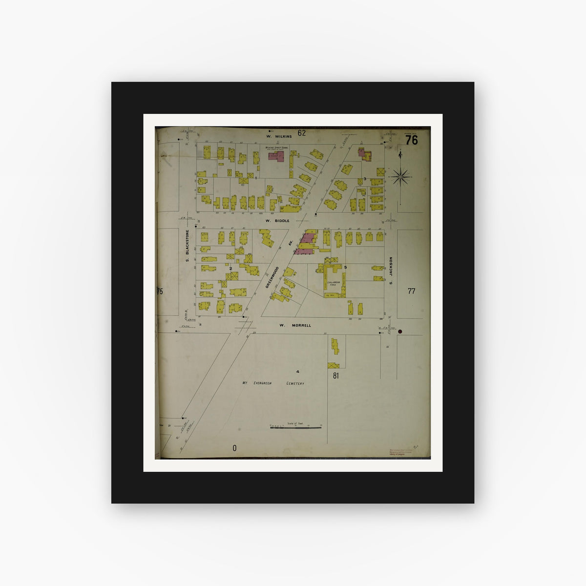 Old map wall art mockup — black gallery frame with white mat — Sanborn Fire Insurance Map from Jackson, Jackson County, Michigan (1907), Sheet #0076