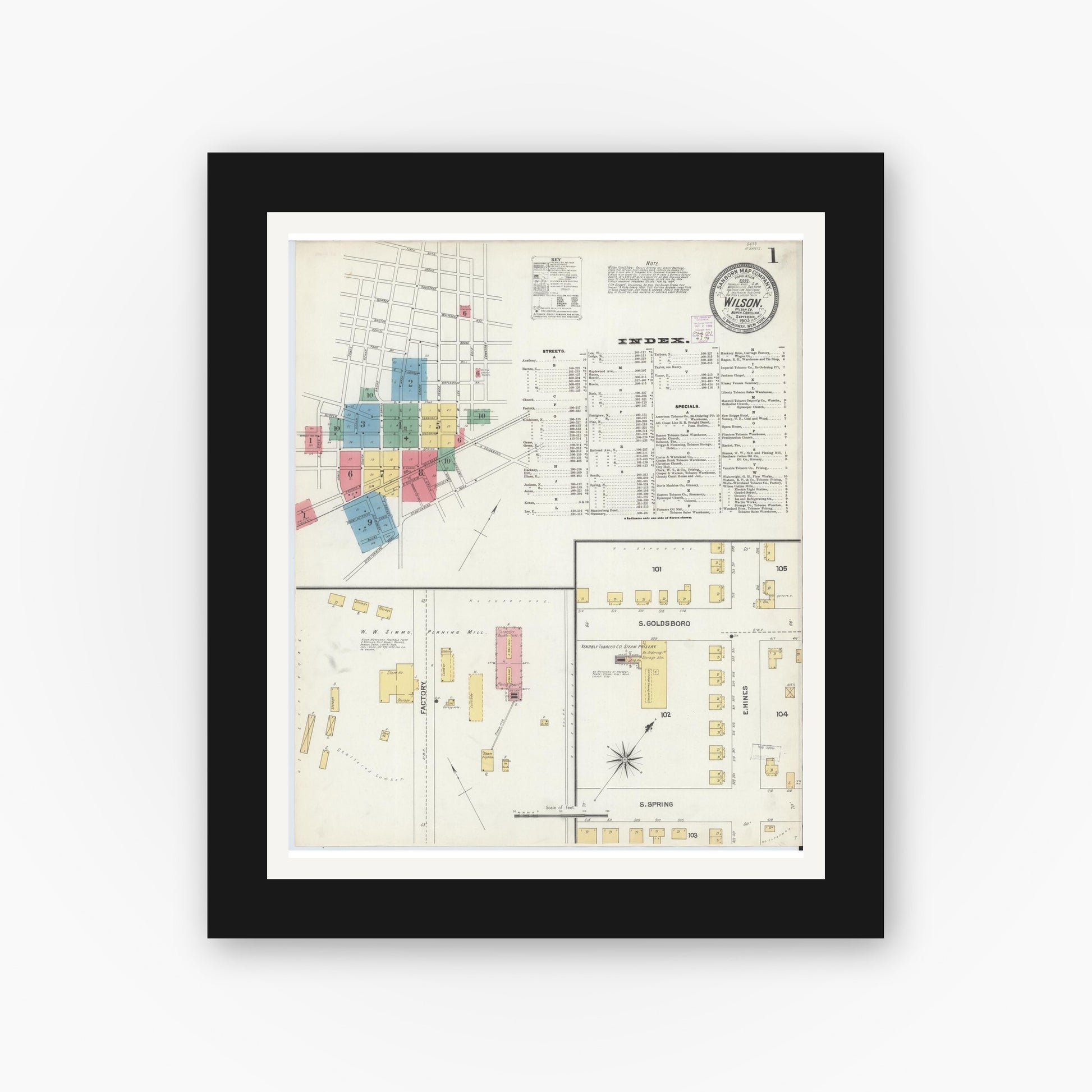 Old map wall art mockup — black gallery frame with white mat — Sanborn Fire Insurance Map from Wilson, Wilson County, North Carolina (1903), Sheet #0001