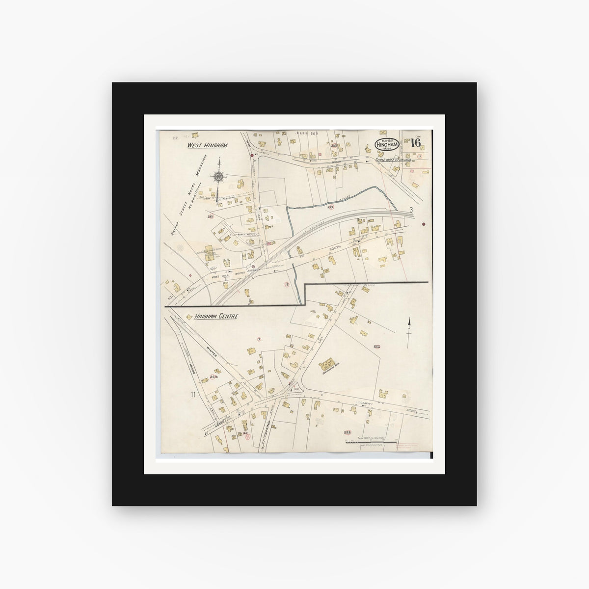 Old map wall art mockup — black gallery frame with white mat — Sanborn Fire Insurance Map from Hingham, Plymouth County, Massachusetts (1948), Sheet #0016