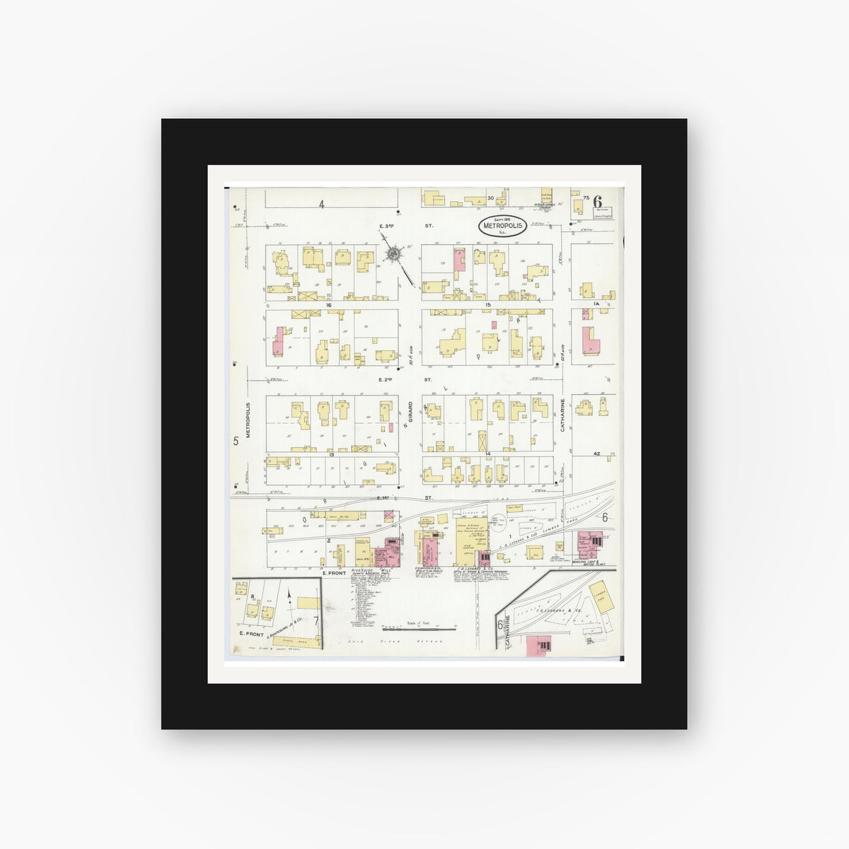 Old map wall art mockup — black gallery frame with white mat — Sanborn Fire Insurance Map from Metropolis, Massac County, Illinois (1910), Sheet #0006