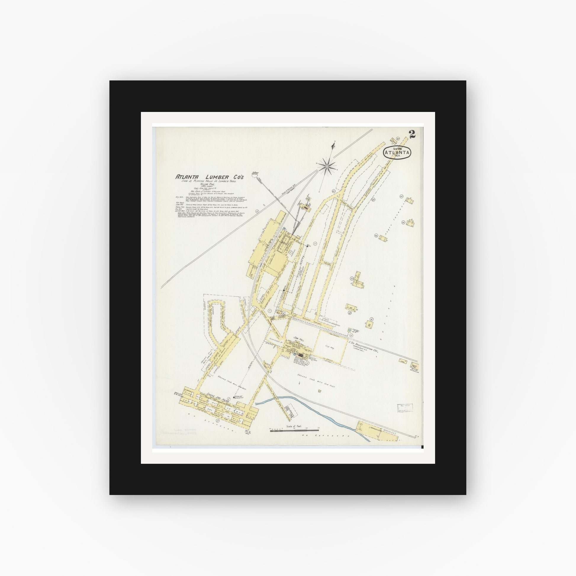 Old map wall art mockup — black gallery frame with white mat — Sanborn Fire Insurance Map from Atlanta, Cass County, Texas (1896), Sheet #0002