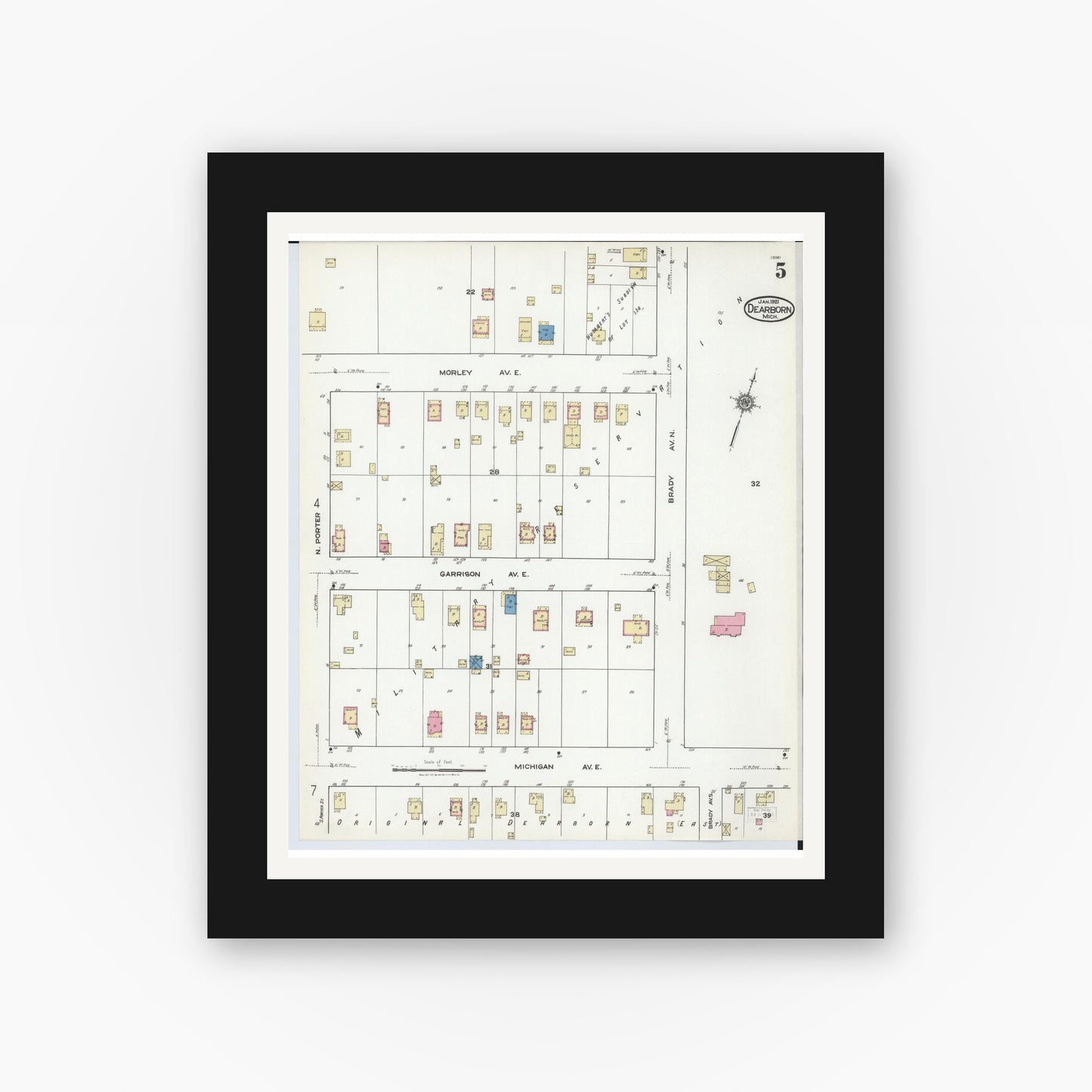 Old map wall art mockup — black gallery frame with white mat — Sanborn Fire Insurance Map from Dearborn, Wayne County, Michigan (1921), Sheet #0005