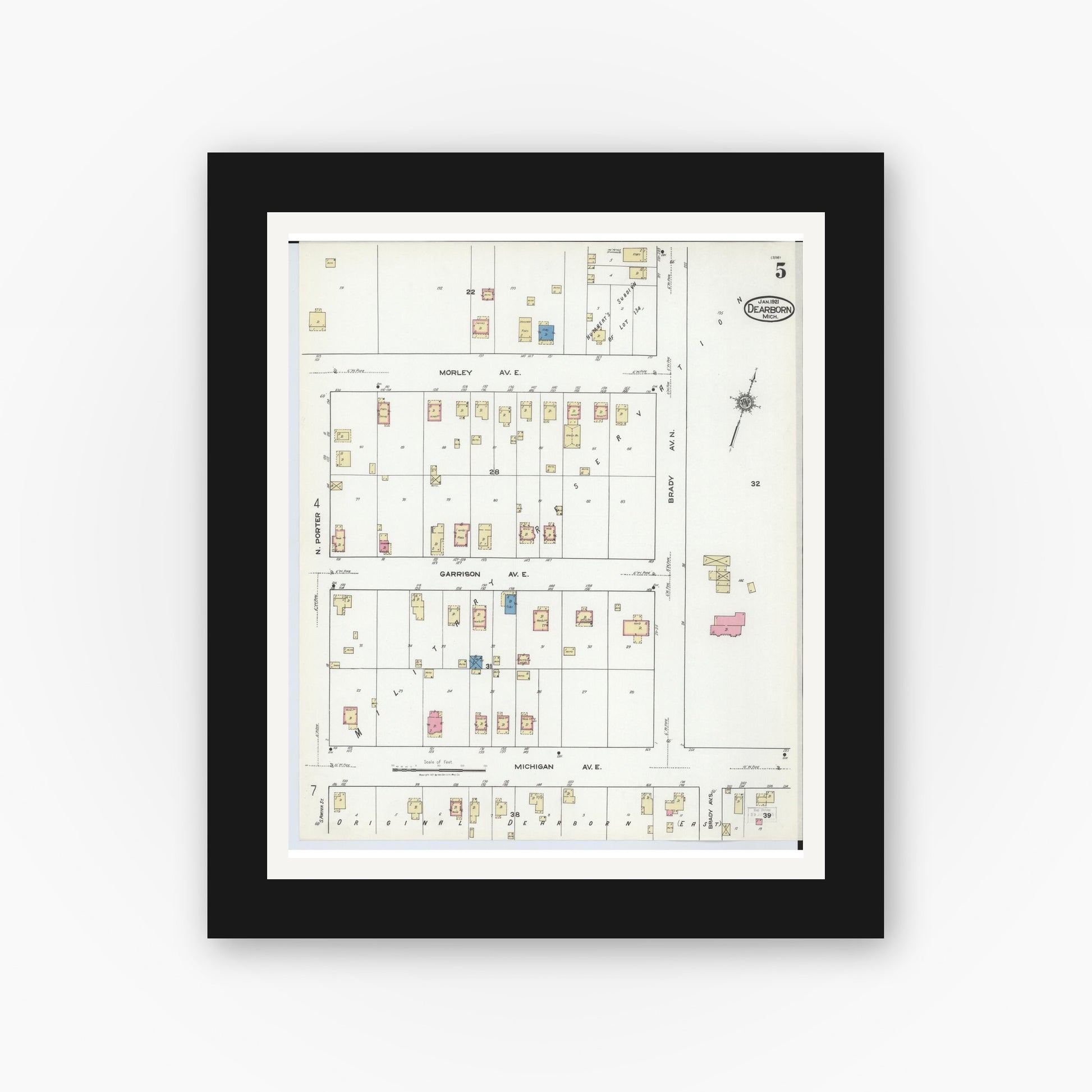 Old map wall art mockup — black gallery frame with white mat — Sanborn Fire Insurance Map from Dearborn, Wayne County, Michigan (1921), Sheet #0005