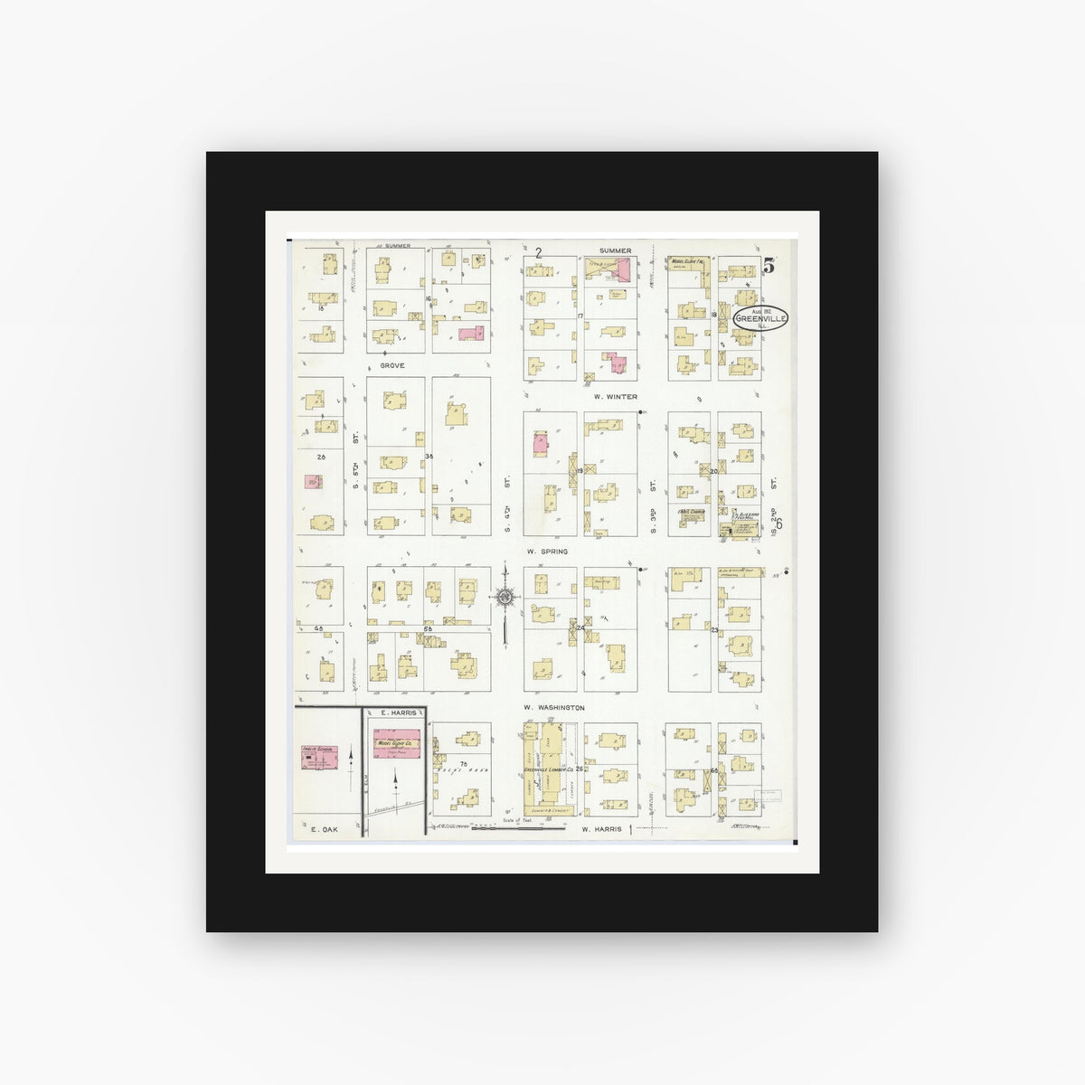 Old map wall art mockup — black gallery frame with white mat — Sanborn Fire Insurance Map from Greenville, Bond County, Illinois (1912), Sheet #0005