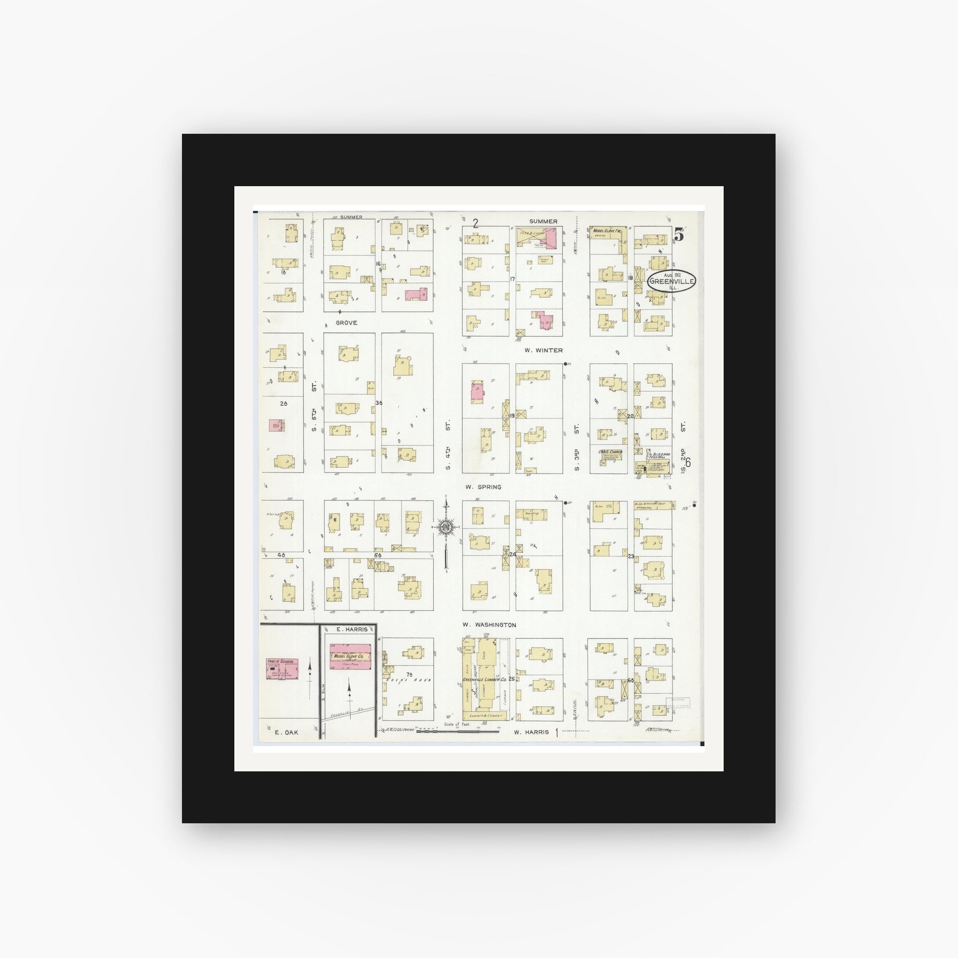 Old map wall art mockup — black gallery frame with white mat — Sanborn Fire Insurance Map from Greenville, Bond County, Illinois (1912), Sheet #0005