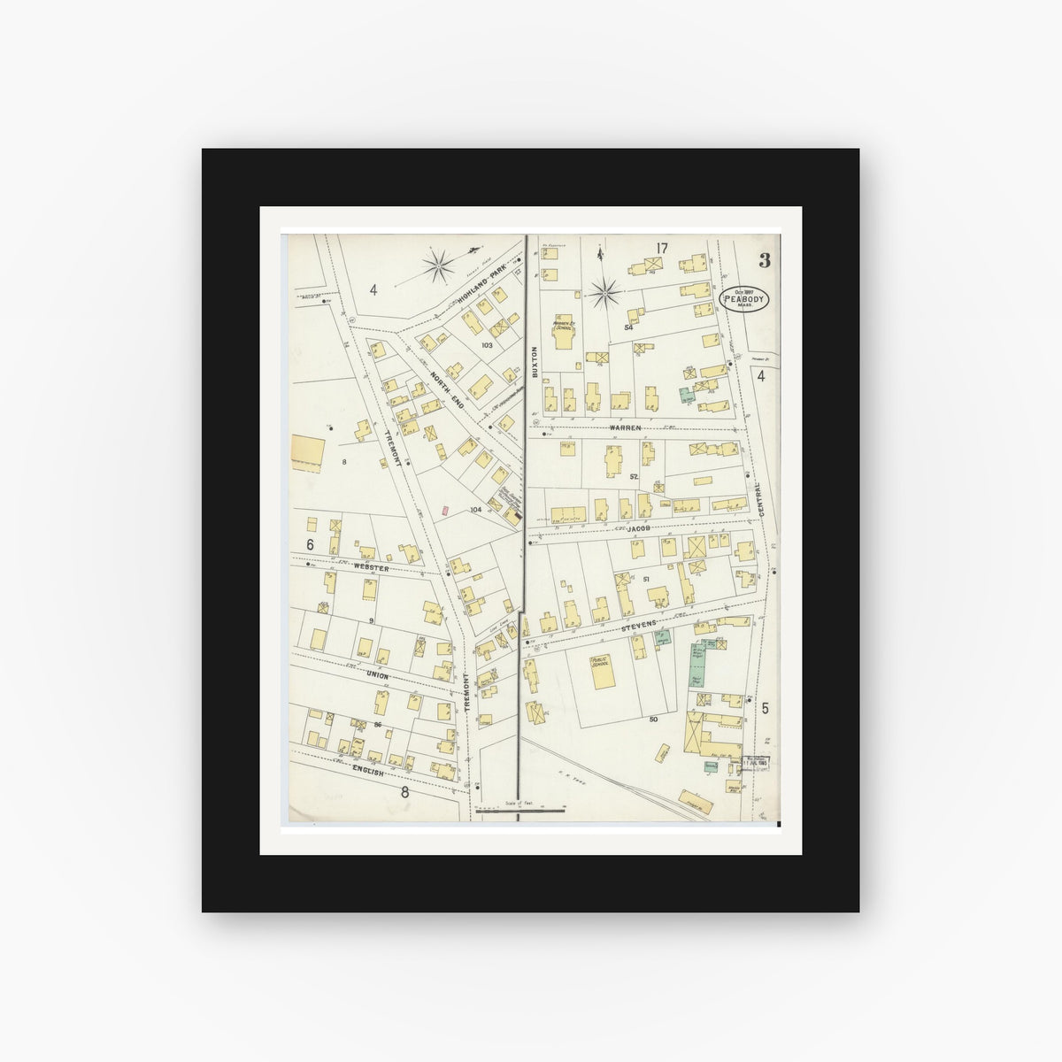 Old map wall art mockup — black gallery frame with white mat — Sanborn Fire Insurance Map from Peabody, Essex County, Massachusetts (1897), Sheet #0003