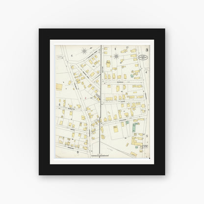 Old map wall art mockup — black gallery frame with white mat — Sanborn Fire Insurance Map from Peabody, Essex County, Massachusetts (1897), Sheet #0003