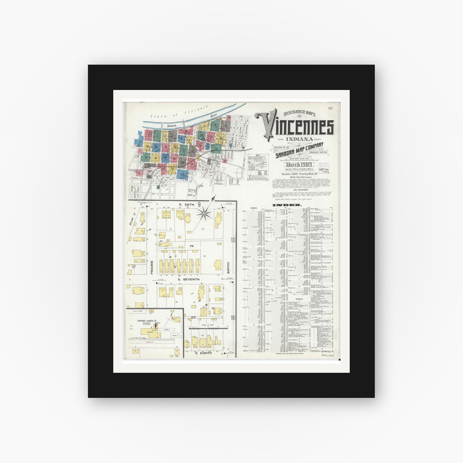 Old map wall art mockup — black gallery frame with white mat — Sanborn Fire Insurance Map from Vincennes, Knox County, Indiana (1909) - Complete Map Set