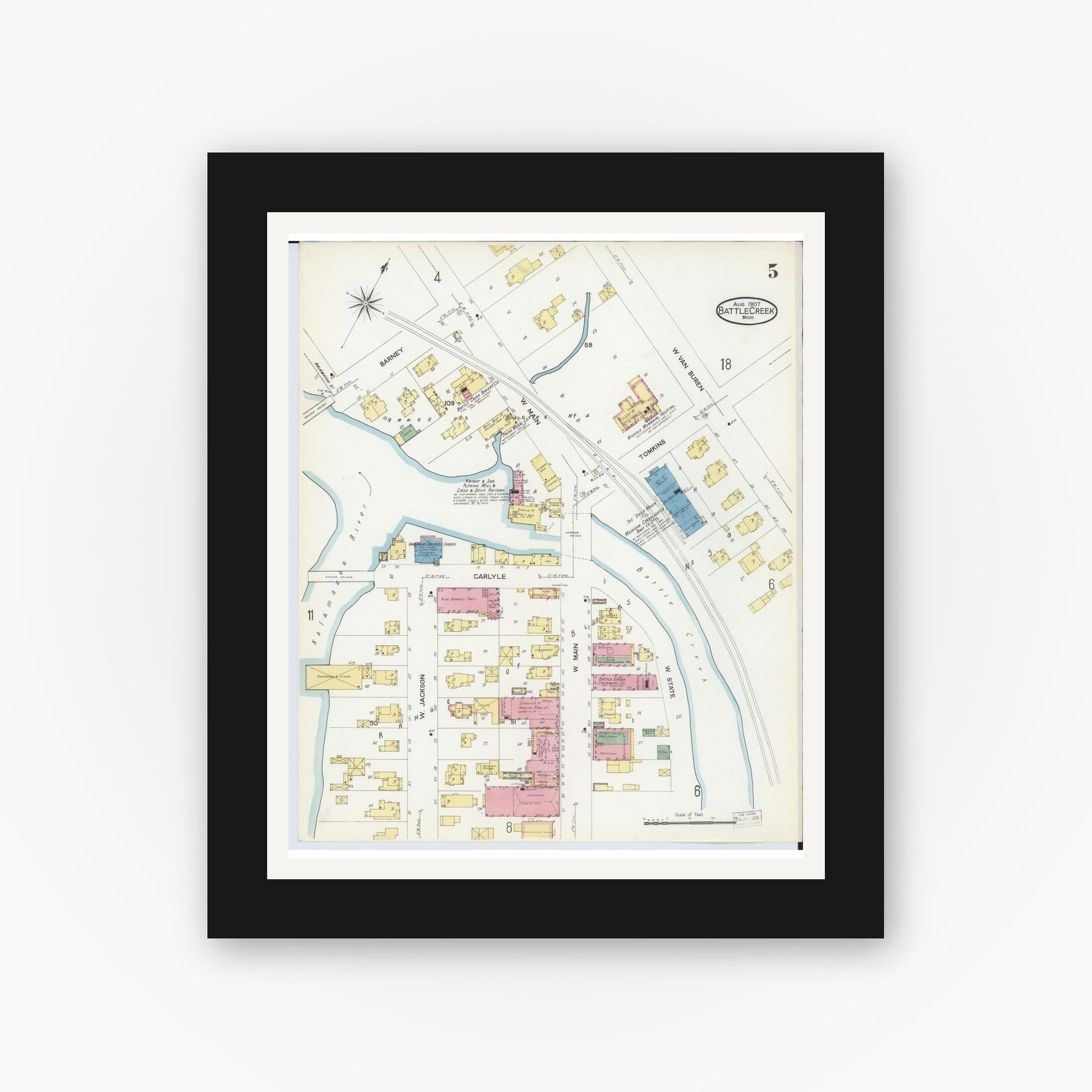Old map wall art mockup — black gallery frame with white mat — Sanborn Fire Insurance Map from Battle Creek, Calhoun County, Michigan (1907), Sheet #0005