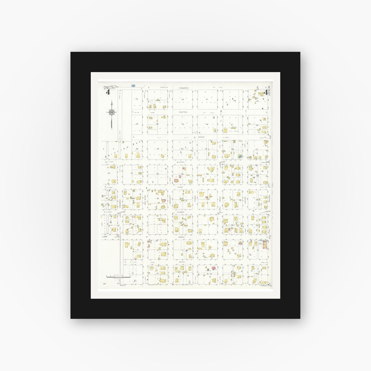 Old map wall art mockup — black gallery frame with white mat — Sanborn Fire Insurance Map from Henrietta, Clay County, Texas (1934), Sheet #0004