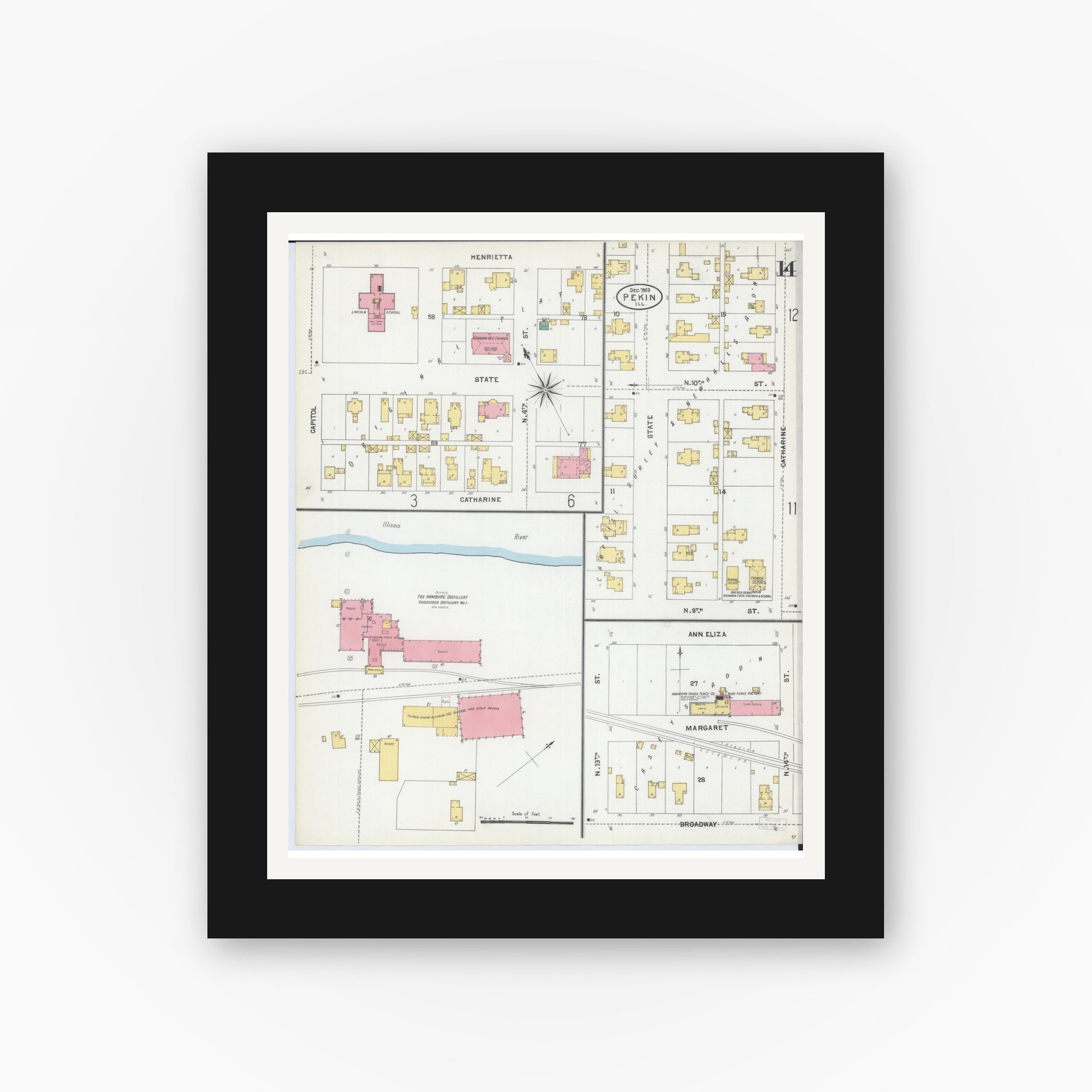 Old map wall art mockup — black gallery frame with white mat — Sanborn Fire Insurance Map from Pekin, Tazewell County, Illinois (1903), Sheet #0014