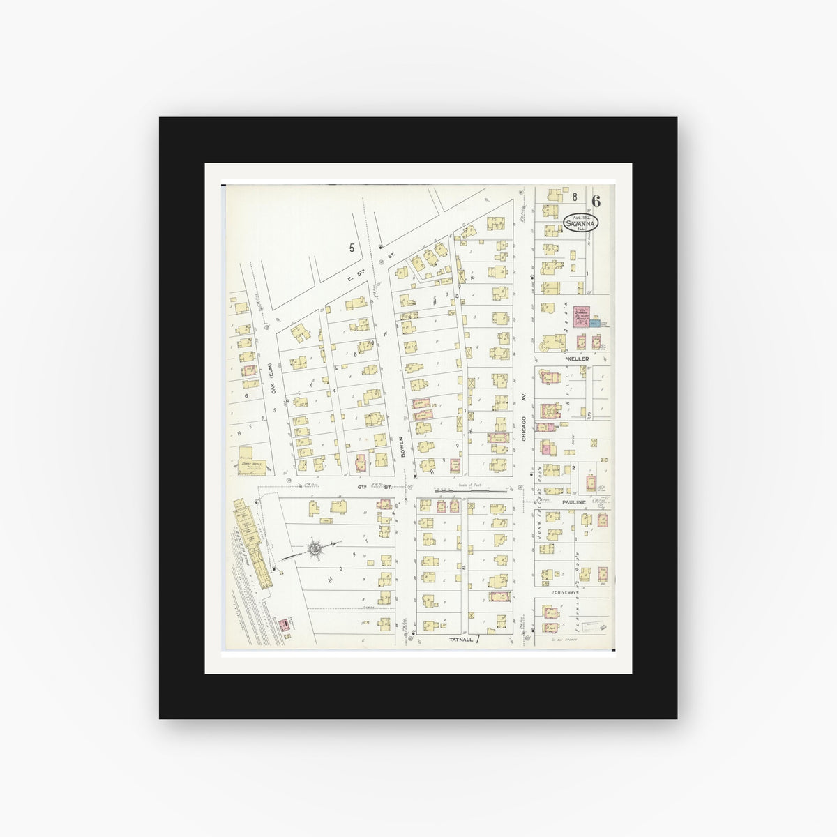 Old map wall art mockup — black gallery frame with white mat — Sanborn Fire Insurance Map from Savanna, Carroll County, Illinois (1912), Sheet #0006