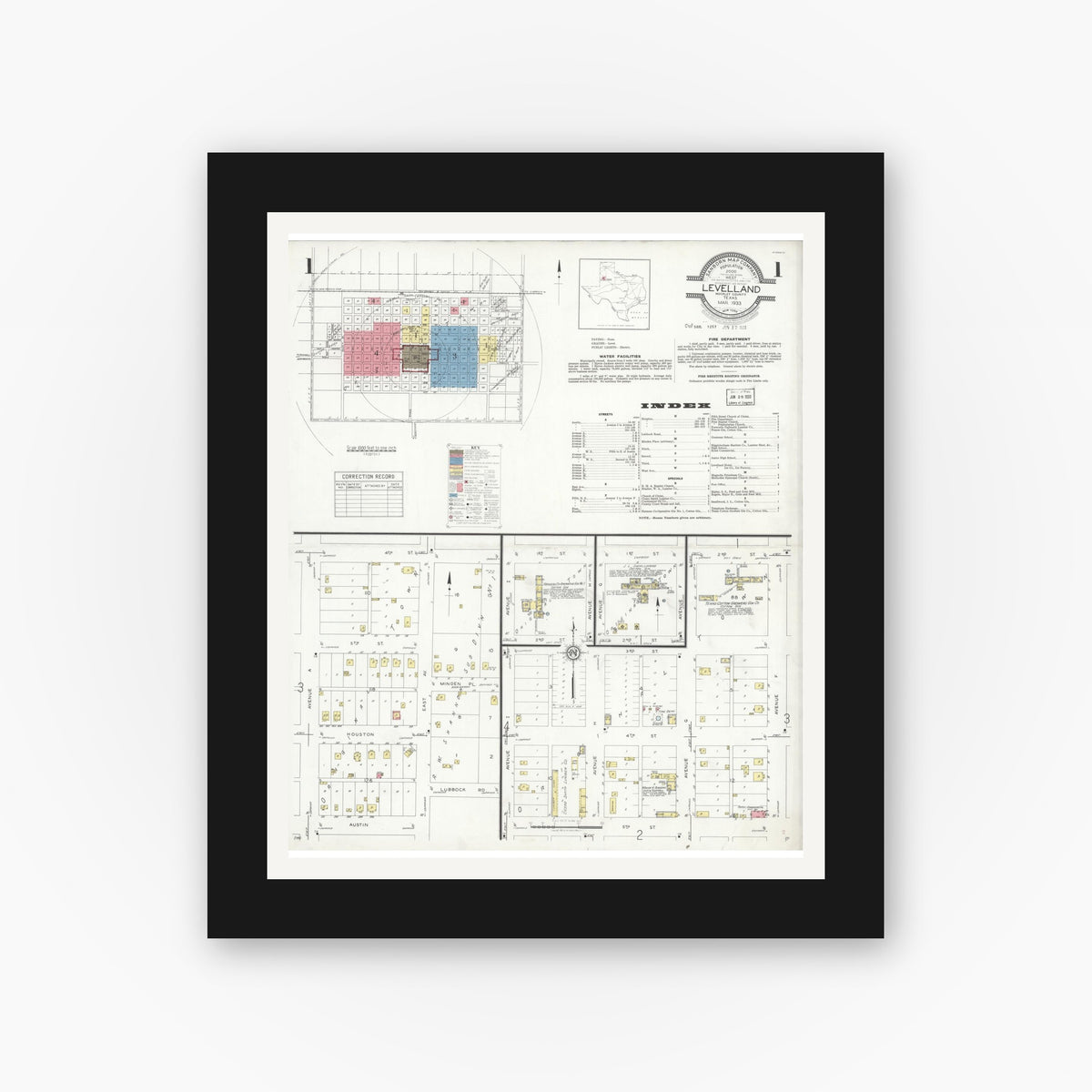 Old map wall art mockup — black gallery frame with white mat — Sanborn Fire Insurance Map from Levelland, Hockley County, Texas (1933) - Complete Map Set