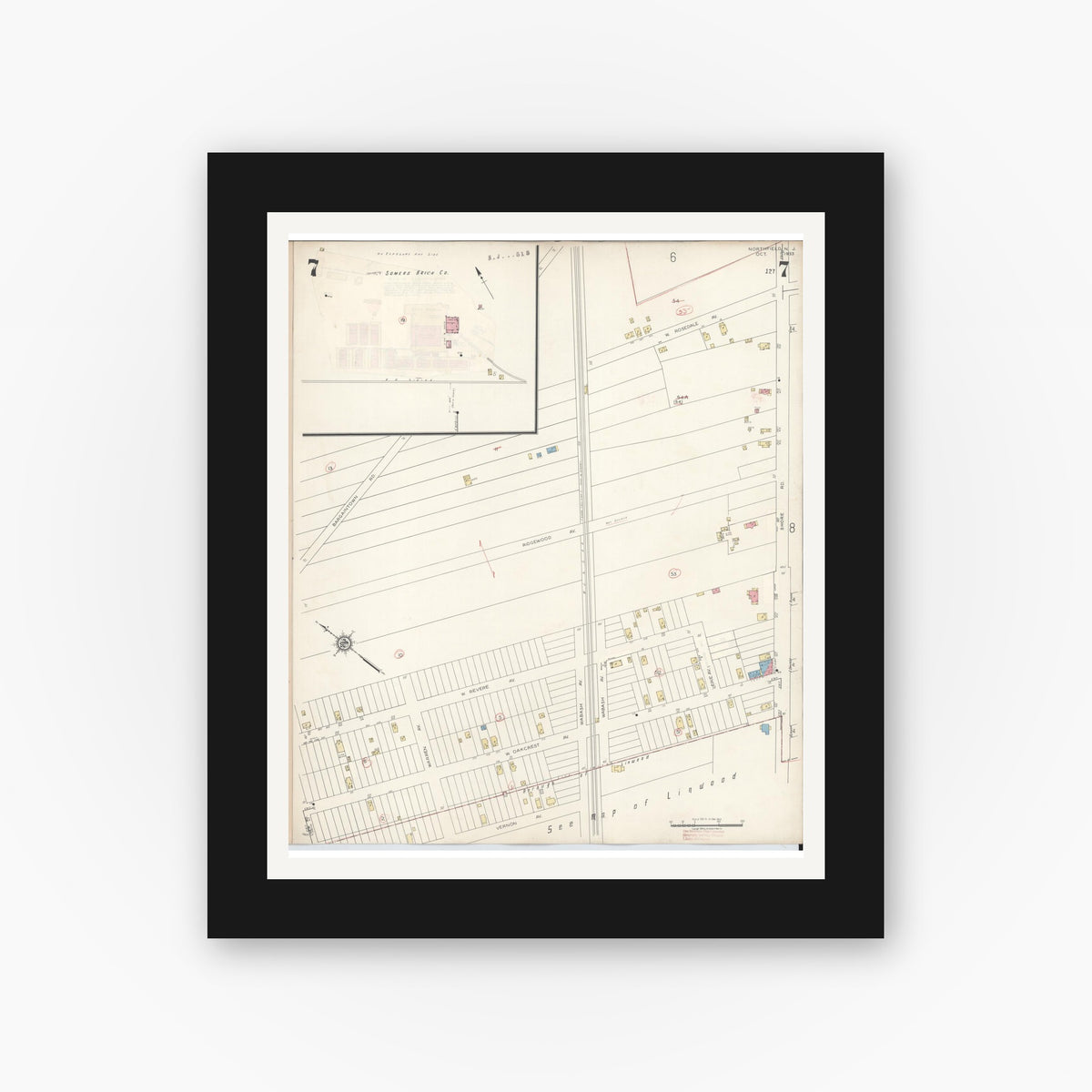 Old map wall art mockup — black gallery frame with white mat — Sanborn Fire Insurance Map from Northfield, Atlantic County, New Jersey (1942), Sheet #0007