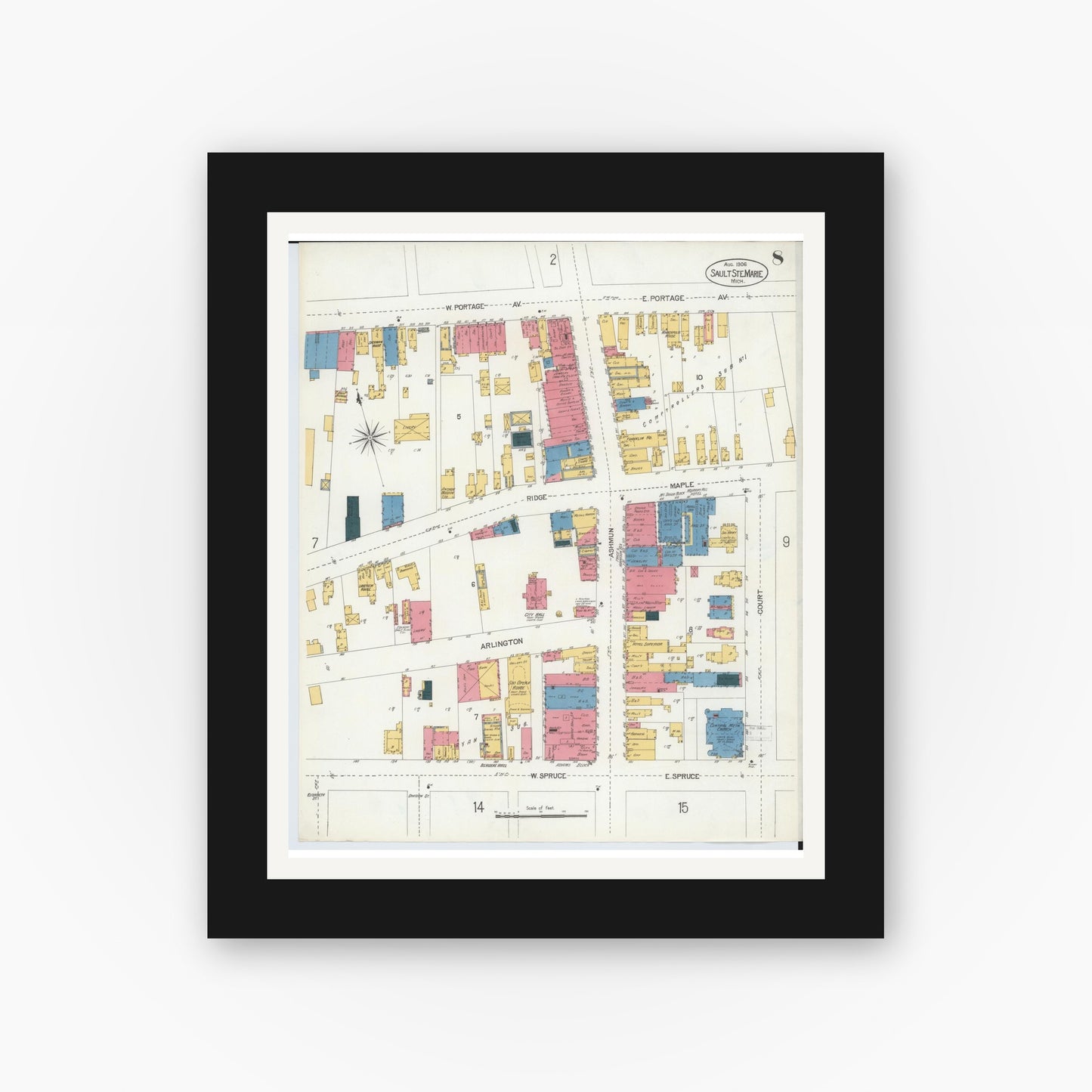 Old map wall art mockup — black gallery frame with white mat — Sanborn Fire Insurance Map from Sault Sainte Marie, Chippewa County, Michigan (1906), Sheet #0008