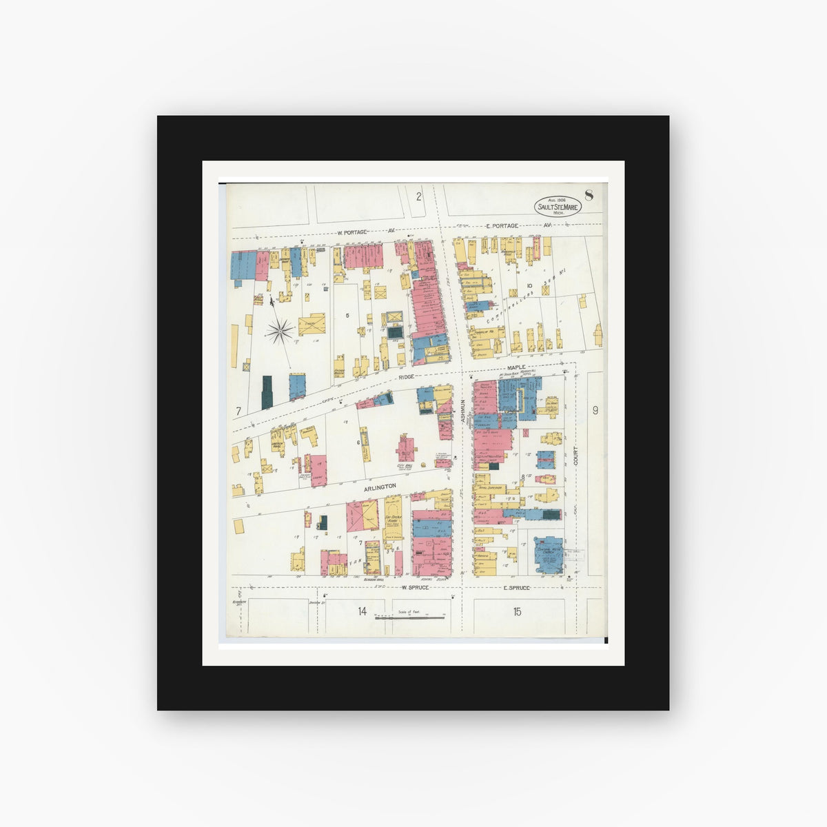 Old map wall art mockup — black gallery frame with white mat — Sanborn Fire Insurance Map from Sault Sainte Marie, Chippewa County, Michigan (1906), Sheet #0008