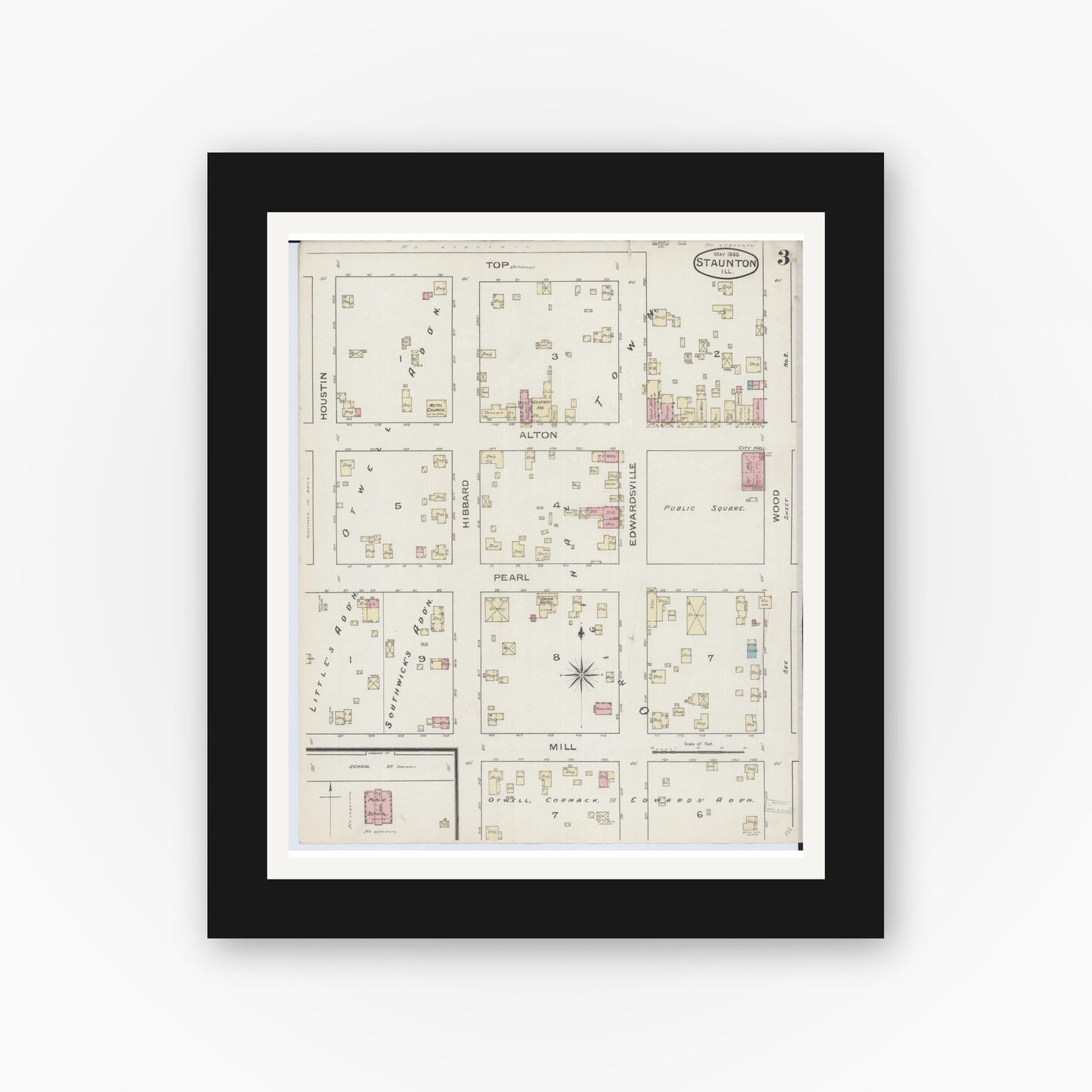 Old map wall art mockup — black gallery frame with white mat — Sanborn Fire Insurance Map from Staunton, Macoupin County, Illinois (1886), Sheet #0003