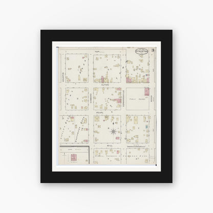 Old map wall art mockup — black gallery frame with white mat — Sanborn Fire Insurance Map from Staunton, Macoupin County, Illinois (1886), Sheet #0003