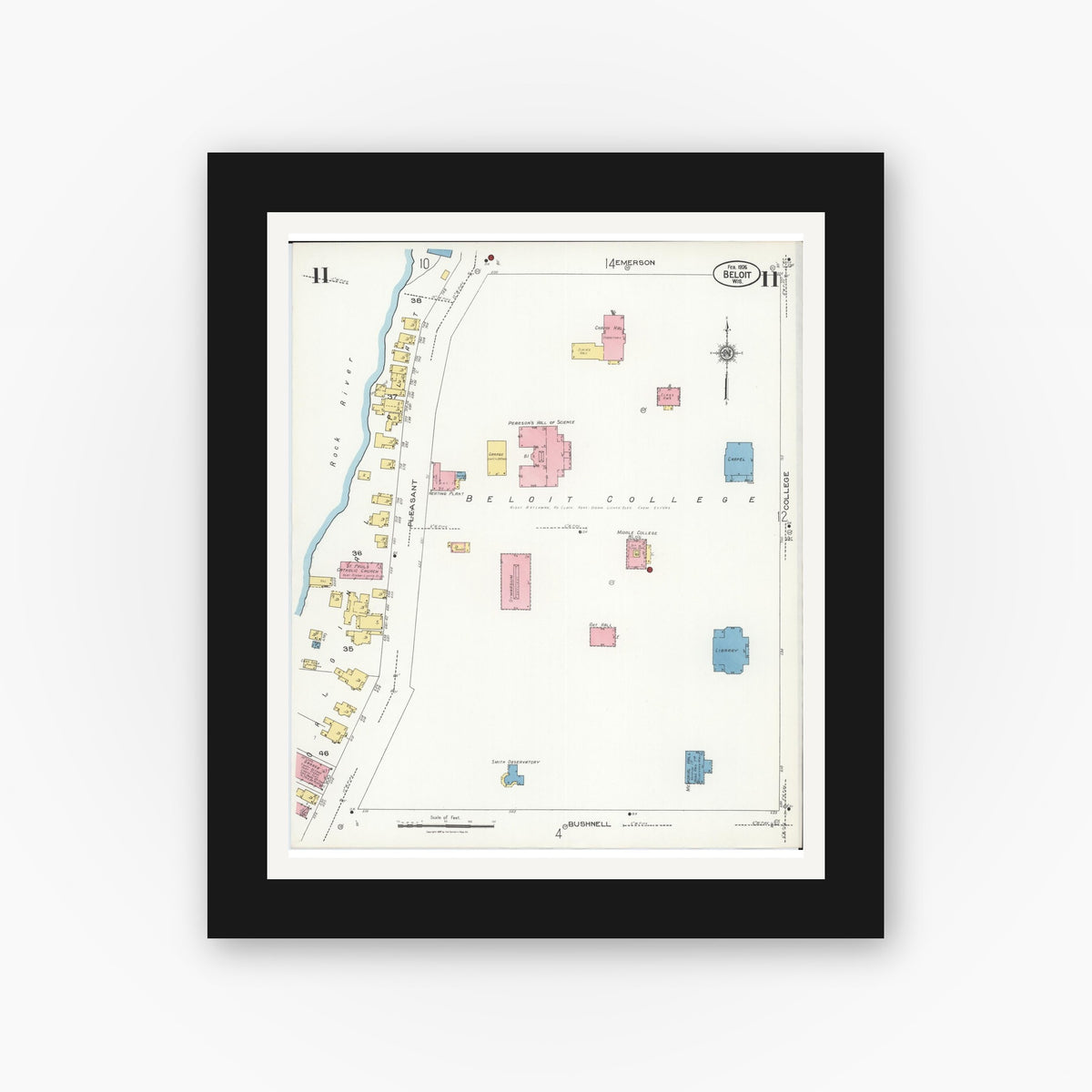 Old map wall art mockup — black gallery frame with white mat — Sanborn Fire Insurance Map from Beloit, Rock County, Wisconsin (1926), Sheet #0011