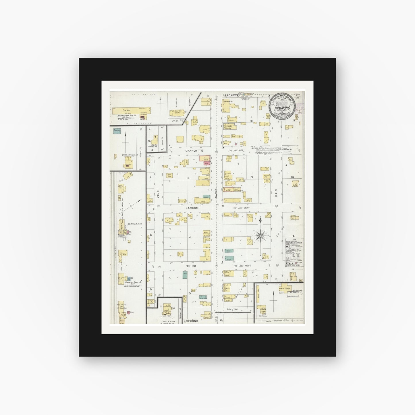 Old map wall art mockup — black gallery frame with white mat — Sanborn Fire Insurance Map from Hammond, St. Croix County, Wisconsin (1902), Sheet #0001