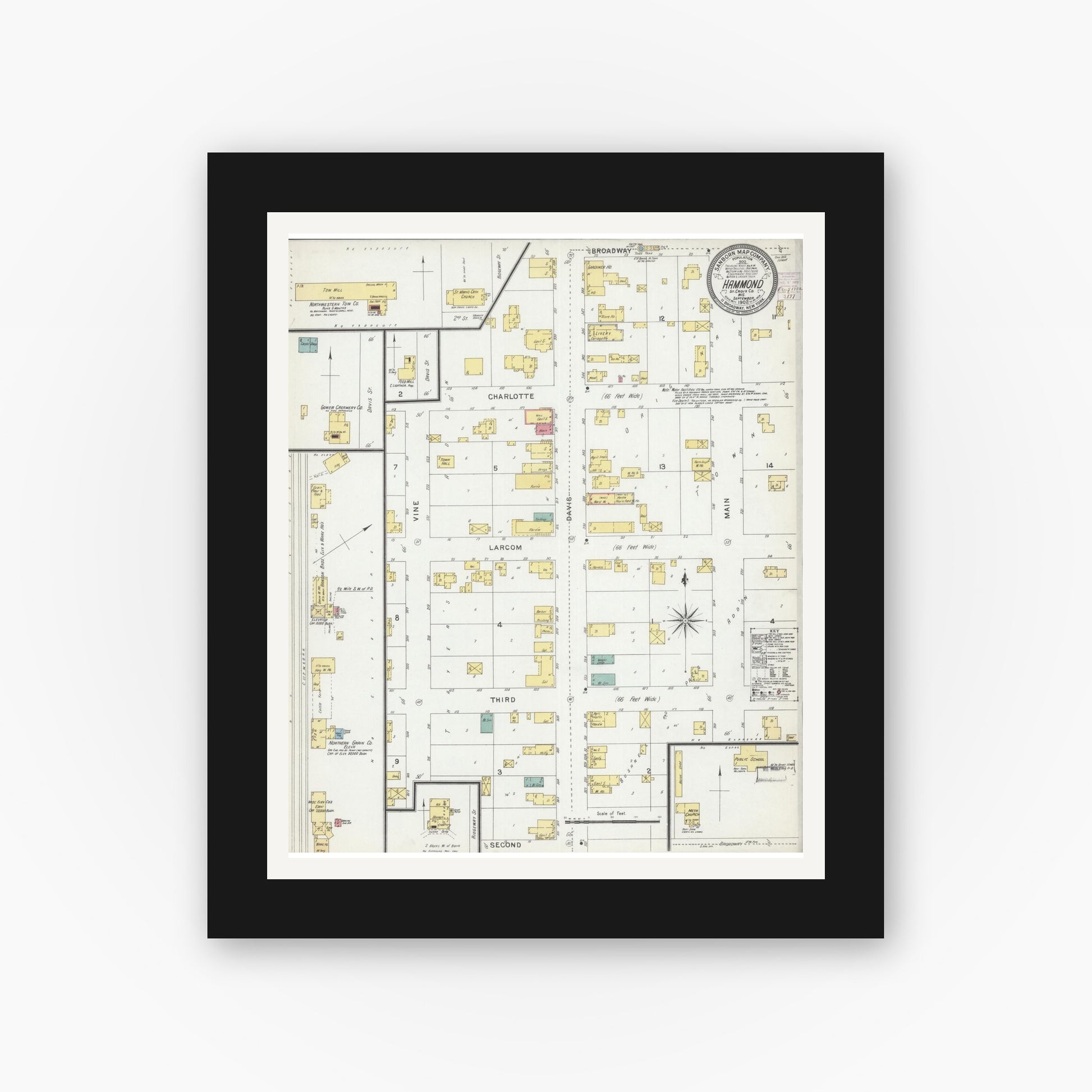 Old map wall art mockup — black gallery frame with white mat — Sanborn Fire Insurance Map from Hammond, St. Croix County, Wisconsin (1902), Sheet #0001