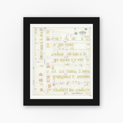 Old map wall art mockup — black gallery frame with white mat — Sanborn Fire Insurance Map from Uniontown, Fayette County, Pennsylvania (1907), Sheet #0014