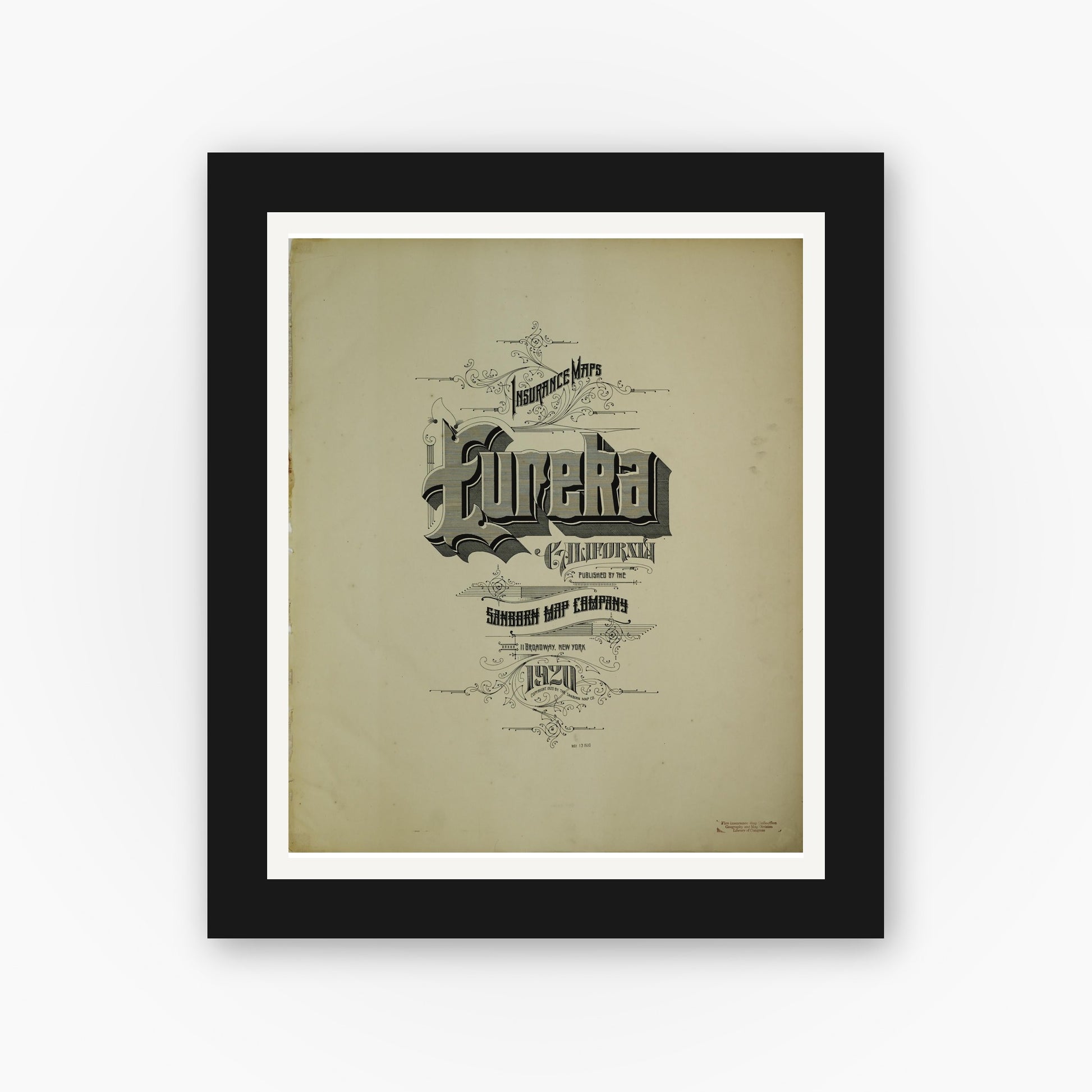 Old map wall art mockup — black gallery frame with white mat — Sanborn Fire Insurance Map from Eureka, Humboldt County, California (1920), Sheet #0001