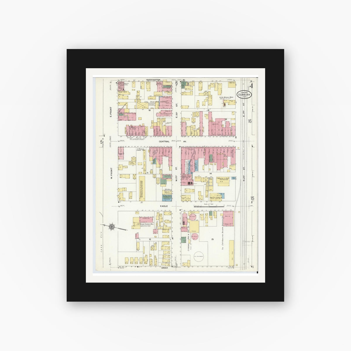 Old map wall art mockup — black gallery frame with white mat — Sanborn Fire Insurance Map from Dunkirk, Chautauqua County, New York (1910), Sheet #0004