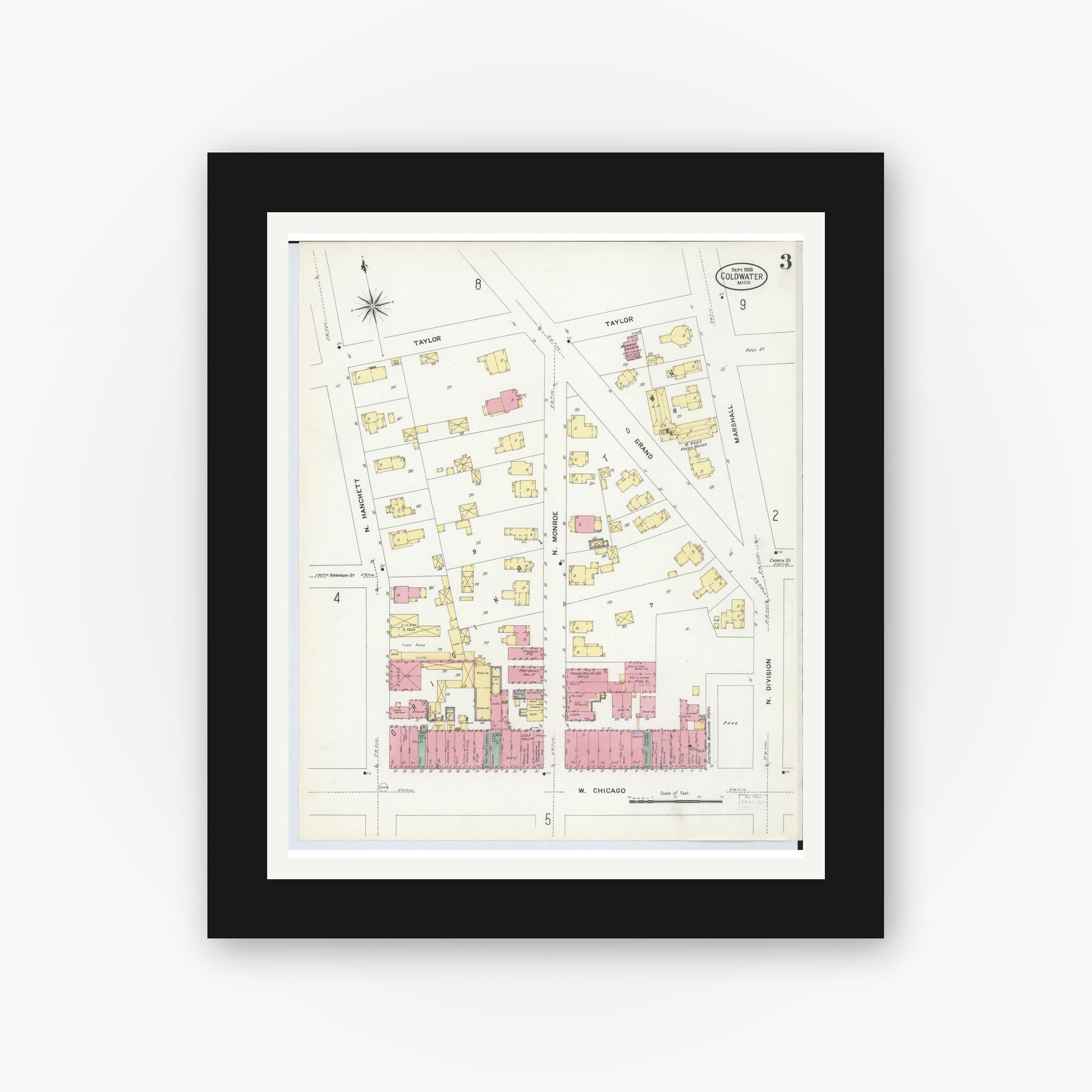 Old map wall art mockup — black gallery frame with white mat — Sanborn Fire Insurance Map from Coldwater, Branch County, Michigan (1908), Sheet #0003