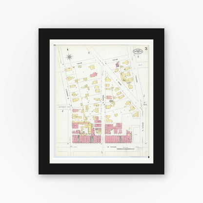 Old map wall art mockup — black gallery frame with white mat — Sanborn Fire Insurance Map from Coldwater, Branch County, Michigan (1908), Sheet #0003
