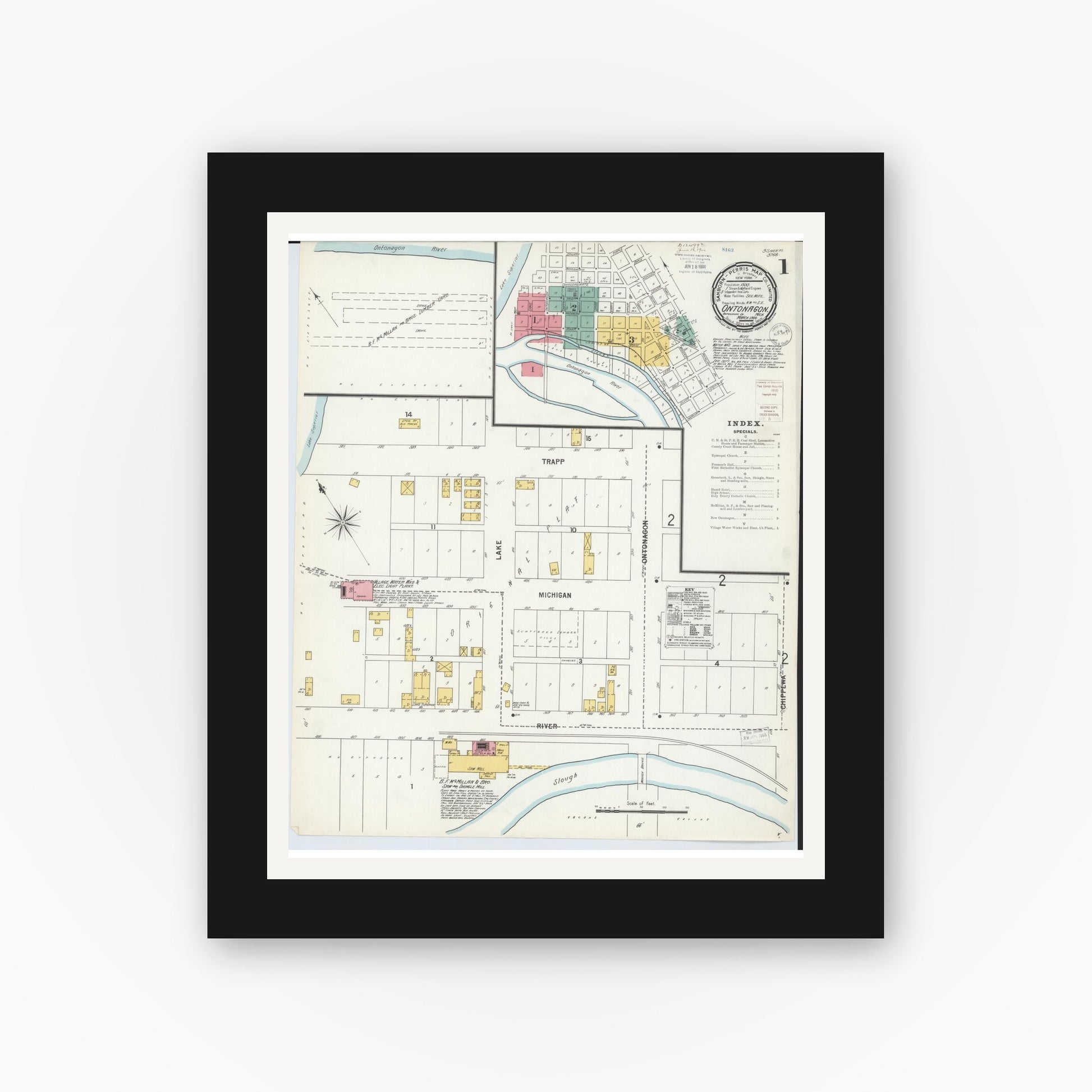 Old map wall art mockup — black gallery frame with white mat — Sanborn Fire Insurance Map from Ontonagon, Ontonagon County, Michigan (1900) - Complete Map Set