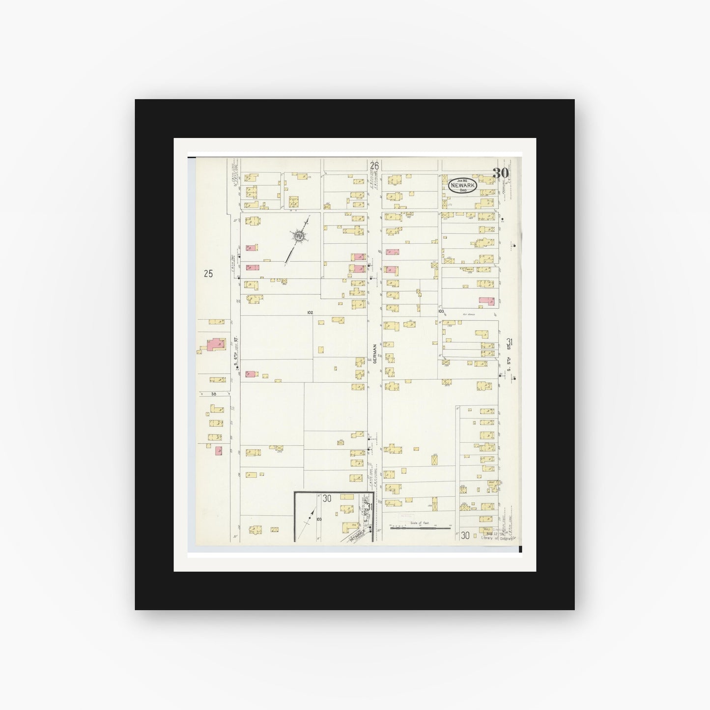 Old map wall art mockup — black gallery frame with white mat — Sanborn Fire Insurance Map from Newark, Licking County, Ohio (1912), Sheet #0030
